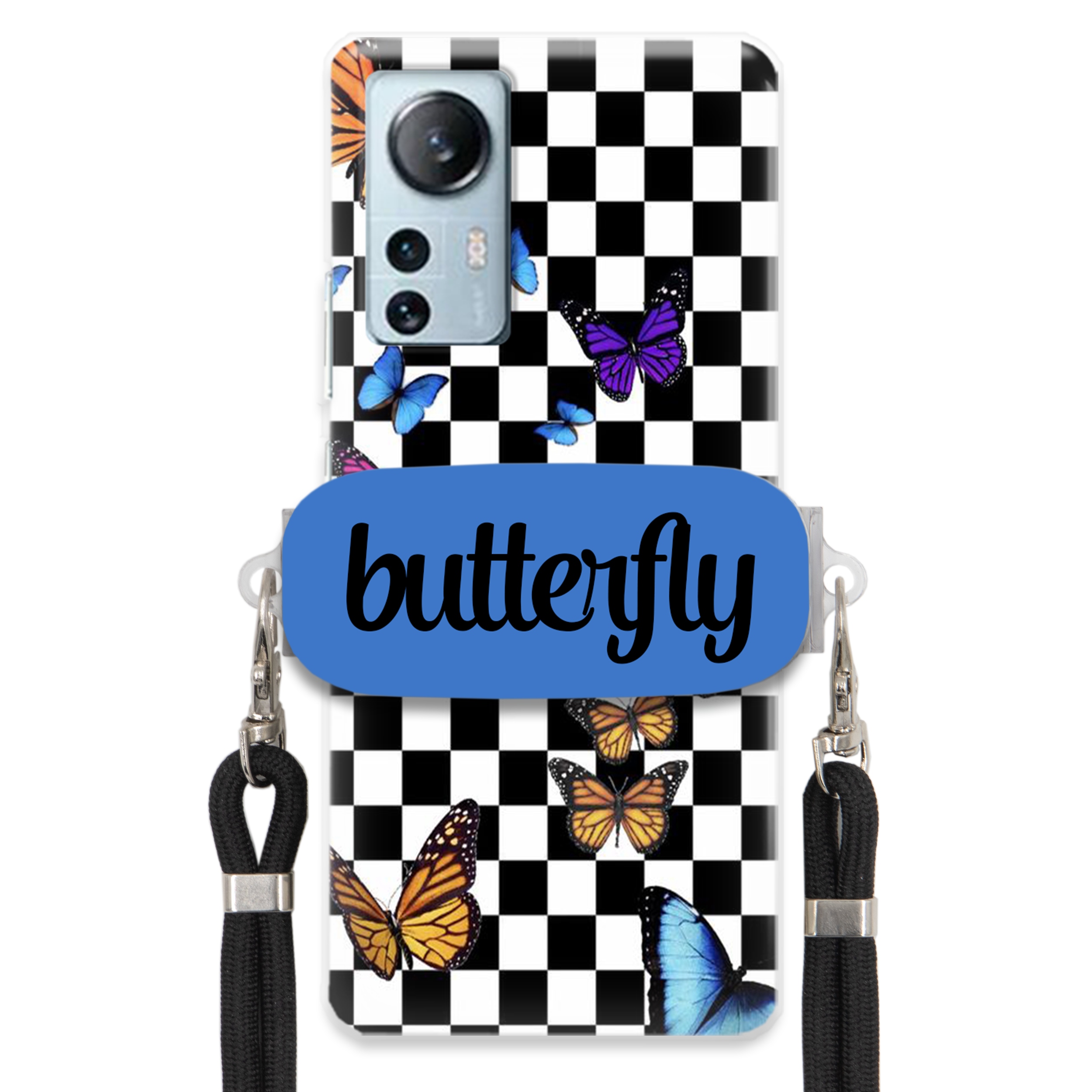 Puzdro Pre Xiaomi 12 Lite Case Obdĺžnikový Držiak Čierne Vodítko Butterfly Motýle