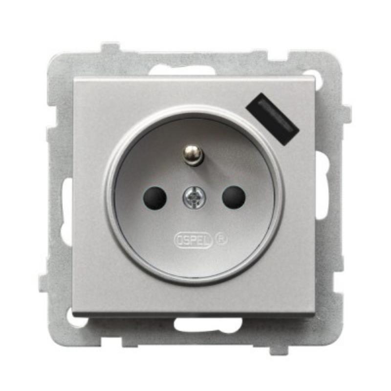 Ospel Sonáta stříbrná – zásuvka s uzemněním Usb GP-1RZPUSB/m/38