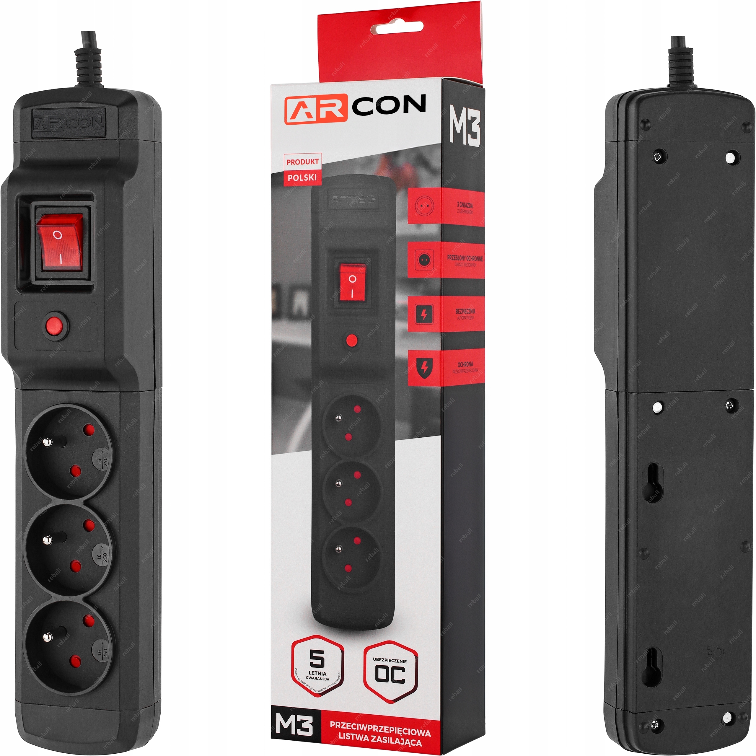 Przedłużacz listwa zasilająca antyprzepięciowa 3 gniazda ARCON M3 1,5 m
