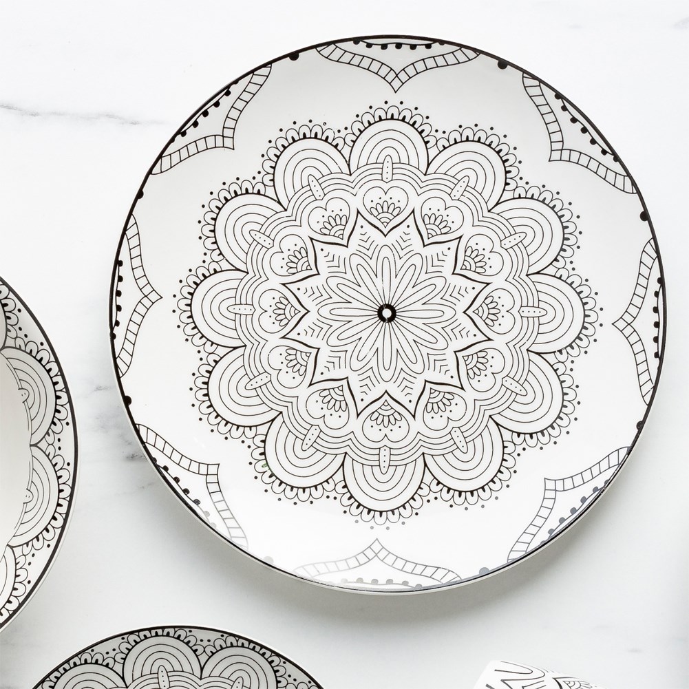Talerz OBIADOWY płytki duży na obiad porcelanowy biały czarny MANDALA 27 cm Linia Maya