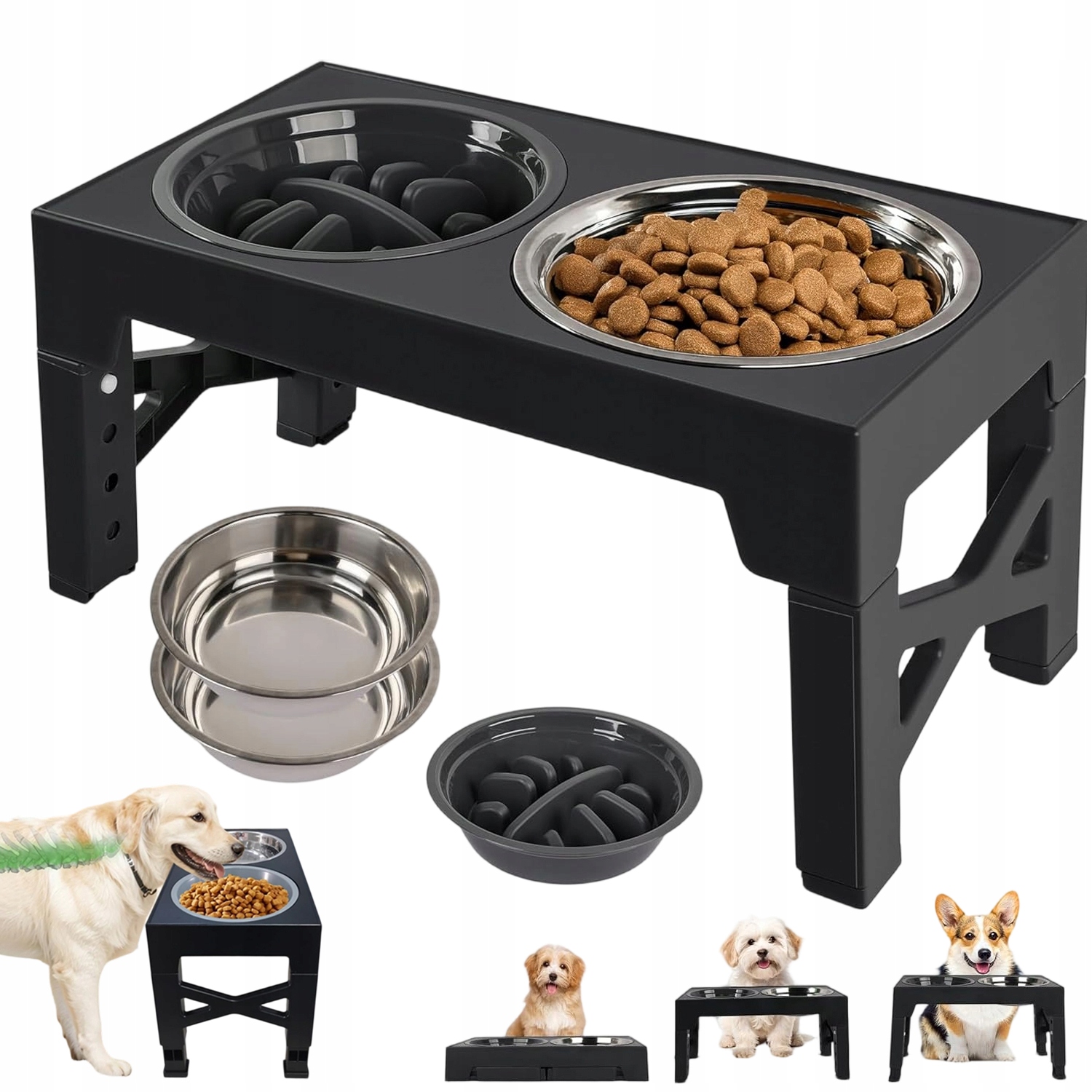 Levně Stojan Pro Psa S Nastavitelnými Miskami Z Nerezové Oceli A Protiskluzovým Povrchem