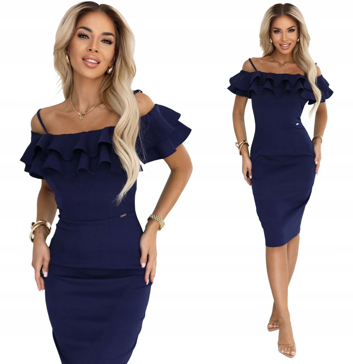 Elegantní Šaty S Volánkem, Odhalená Ramena A Záda, Stylová Modrá XL