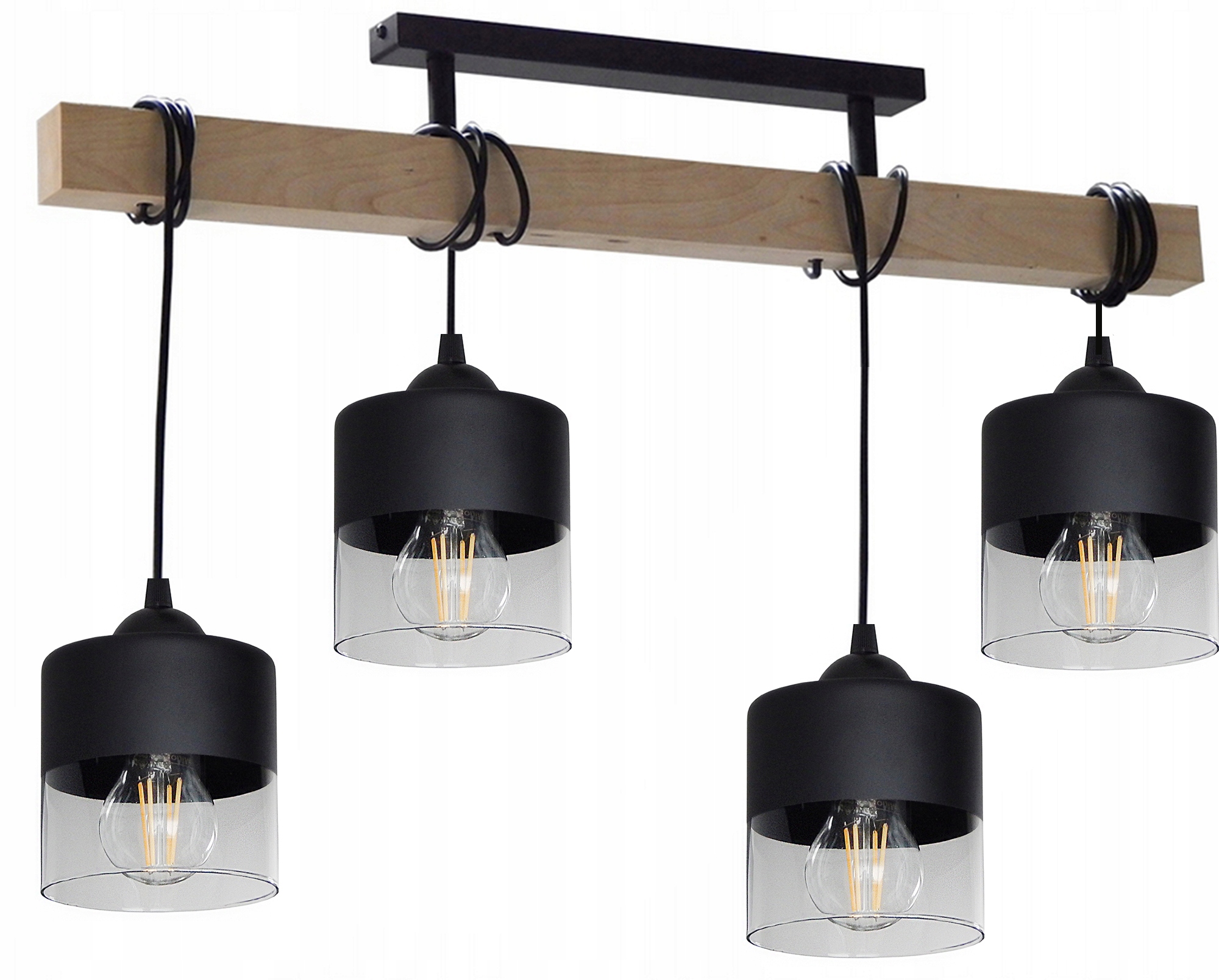Lampa Wisząca Sufitowa Plafon Żyrandol 015-4PCS Led Loft Drewno Szkło E27