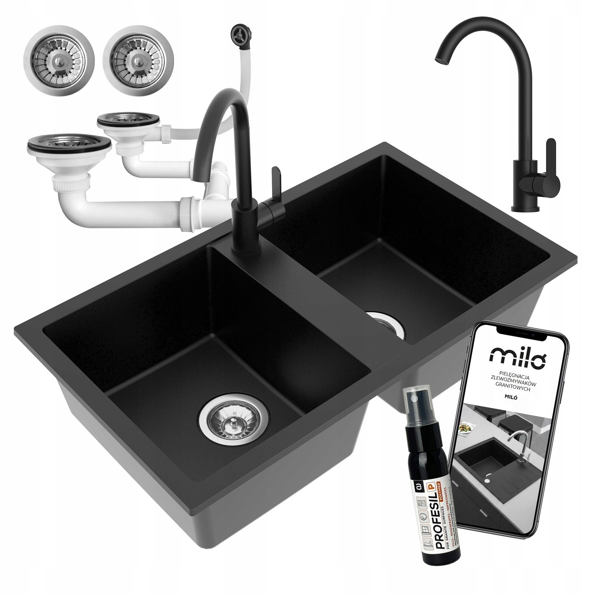 Dvojkomorový Kuchynský Drez Prado Granitový Set Batéria Sifón