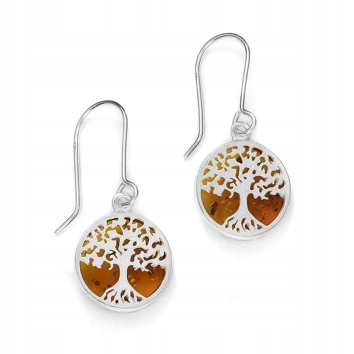 Stromek Štěstí Stříbrné Náušnice s Jantarem