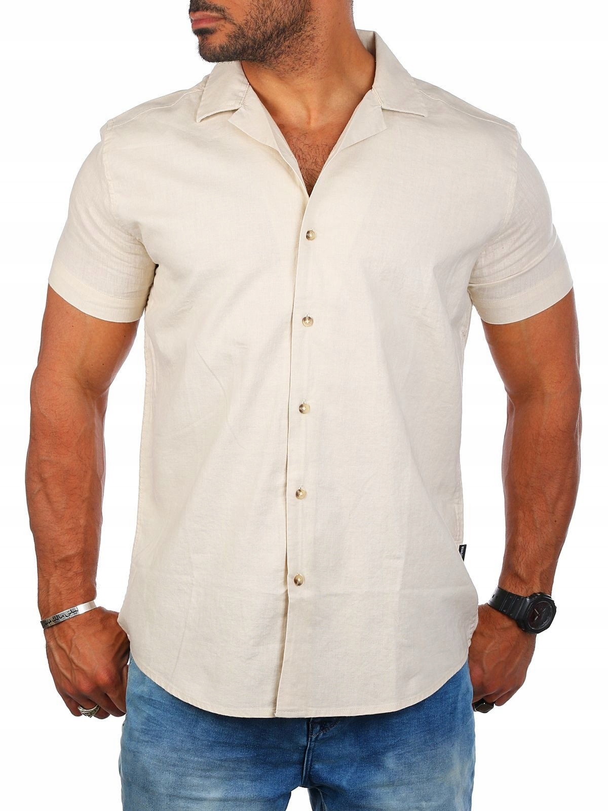 Lněná Pánská Košile Volný Kubánský Límec Len Béžová XXL