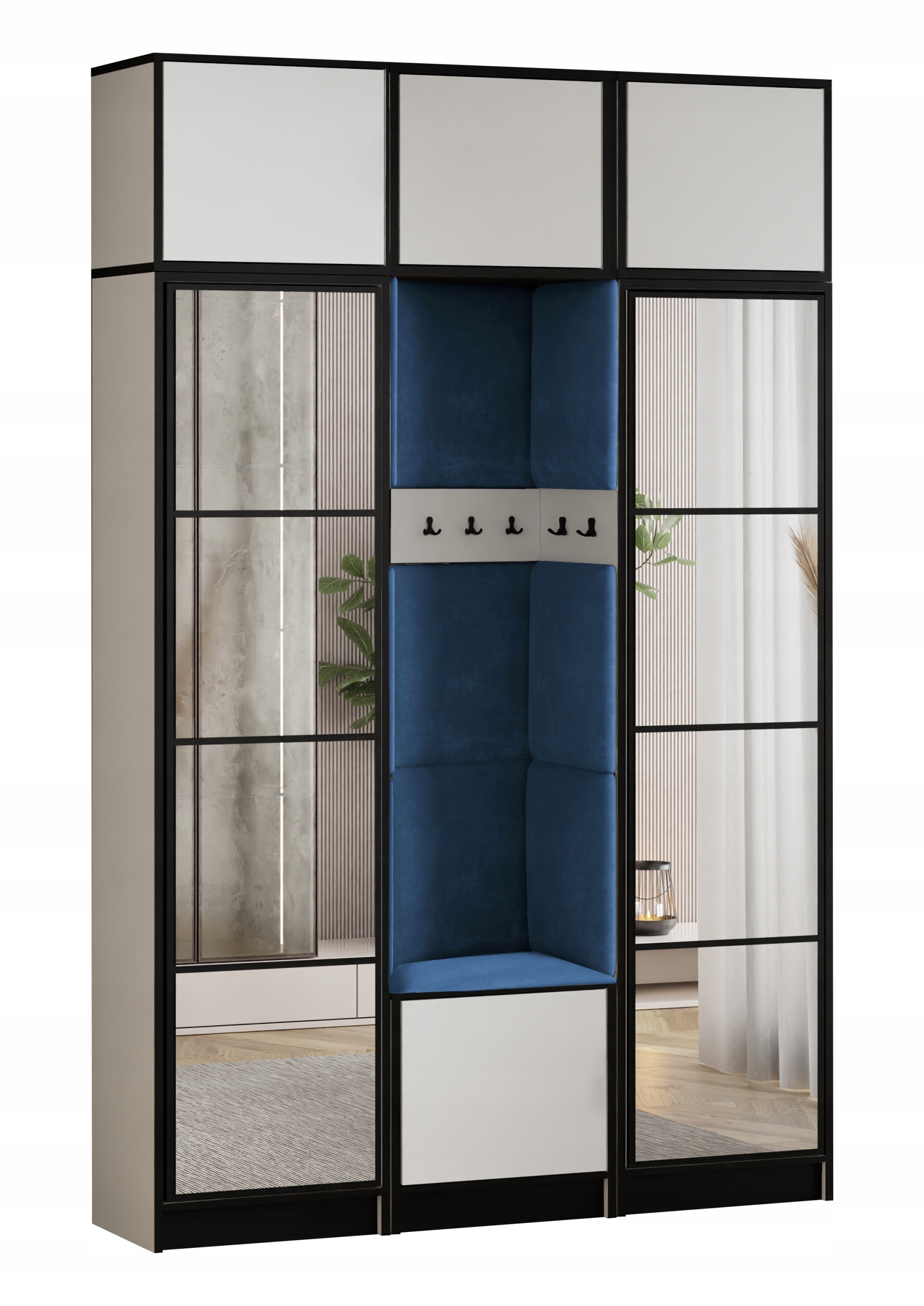 Šatní skříň Costa 12 bílá modrá tkanina, sedák s nástavcem