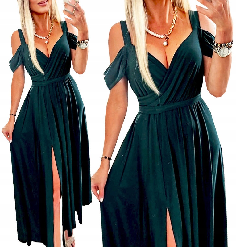 Sukienka Na Wesele Butelkowa Zieleń Długa Maxi Z Rozporkiem