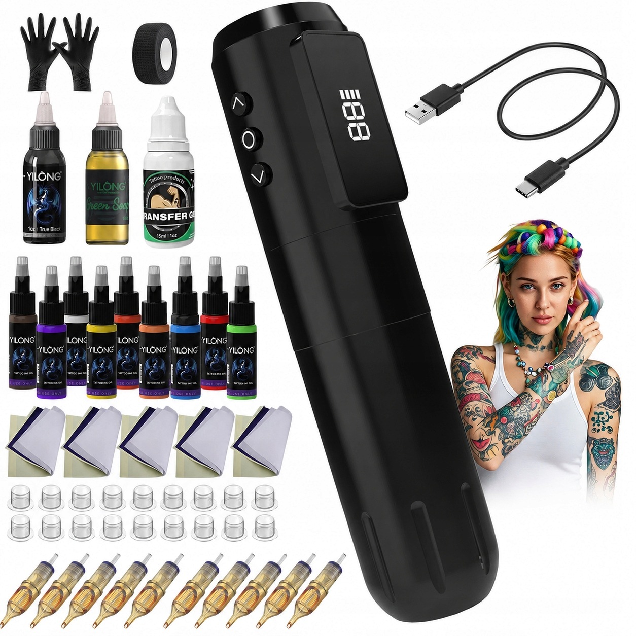 Sada Na Tetování S 10 Jehlami A 10 Barvami Inkoustu Pen Bezdrátová 1600 Mah