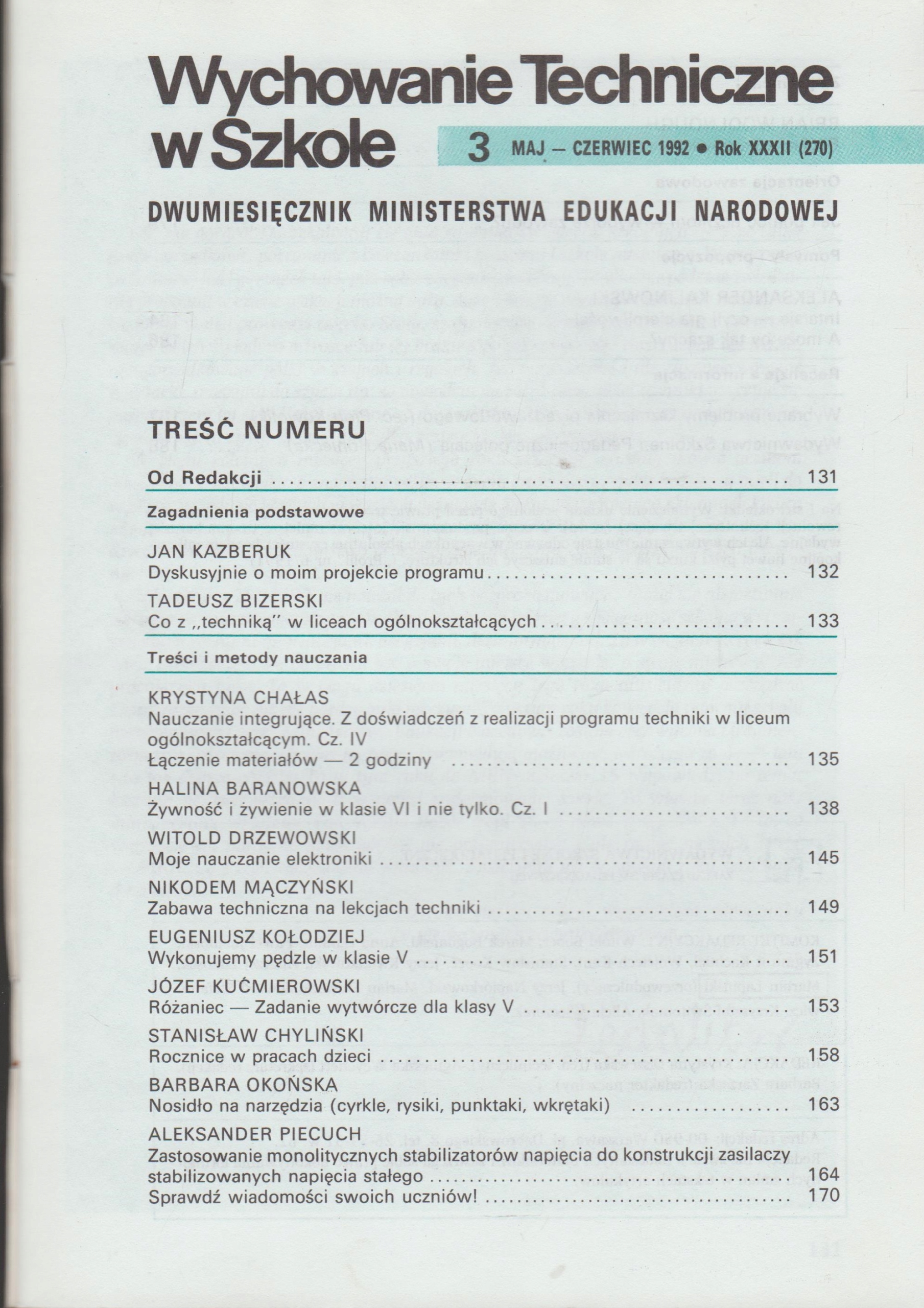 WYCHOWANIE TECHNICZNE W SZKOLE 3/1992 Przedmiot Informatyka, Technika
