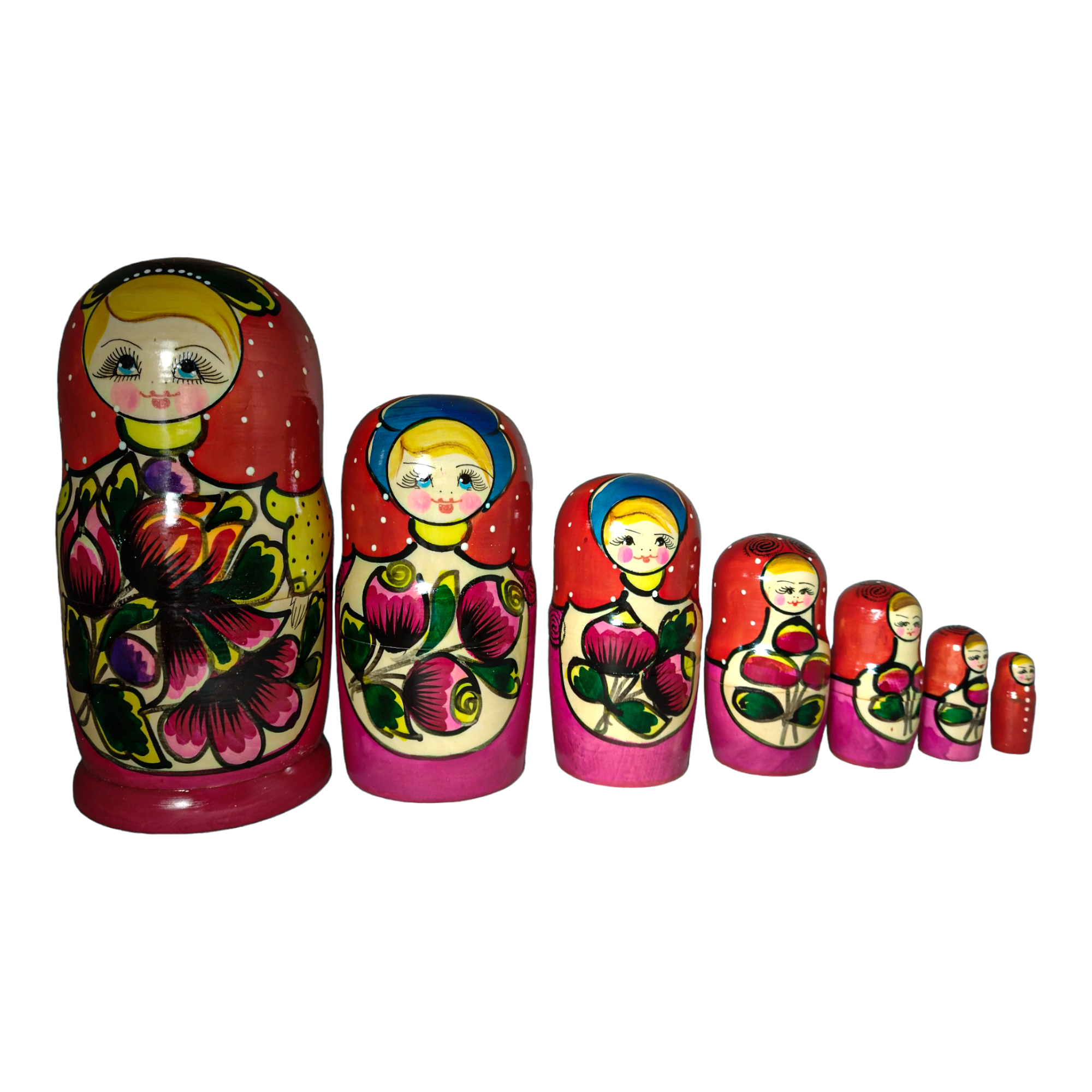 Dřevěná panenka Matrjoška Babuszka 7v1 20 cm rečně malovaná růžová