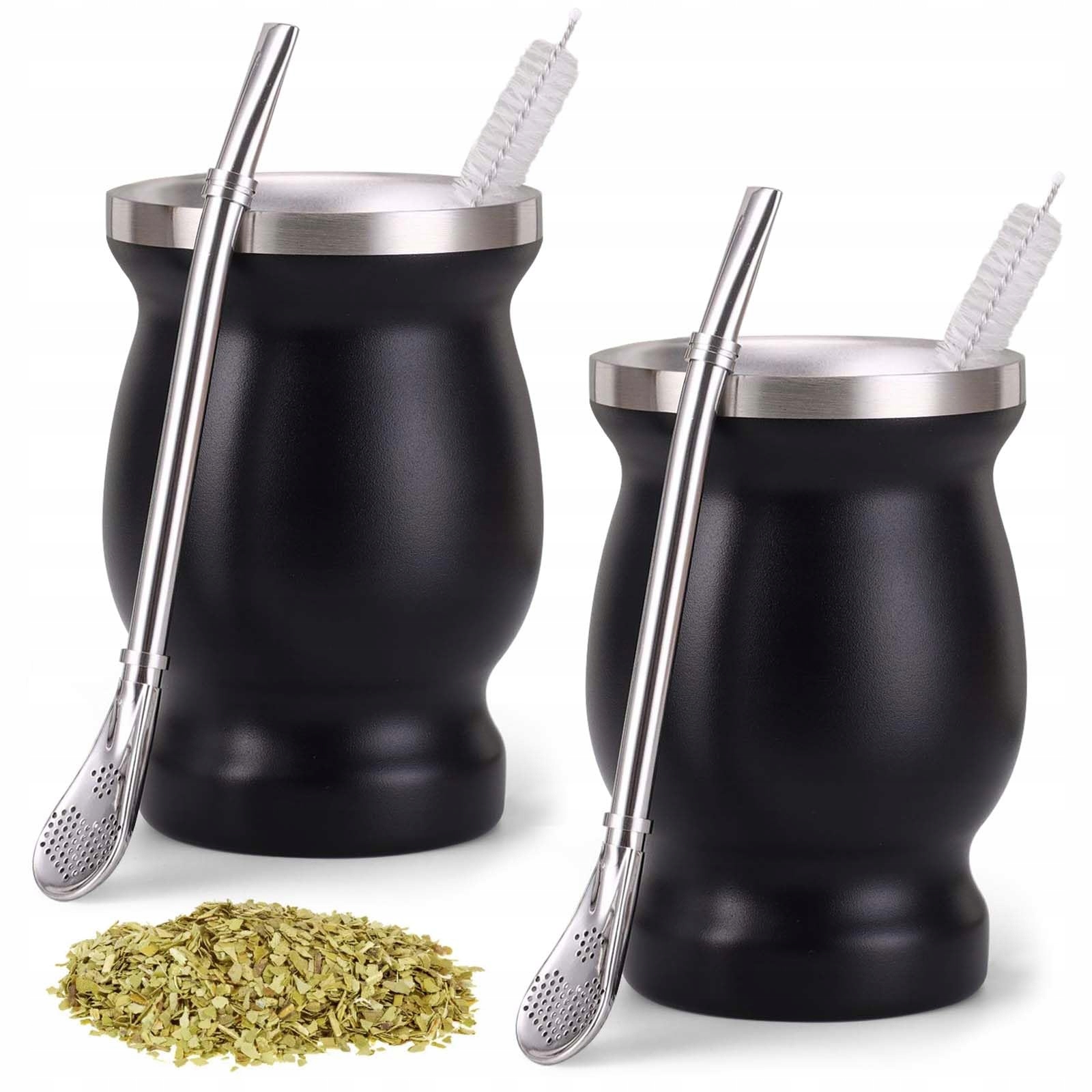 Mate Becher Sada Yerba Mate Ocelový hrnek s trubkou a kartáčem Černá