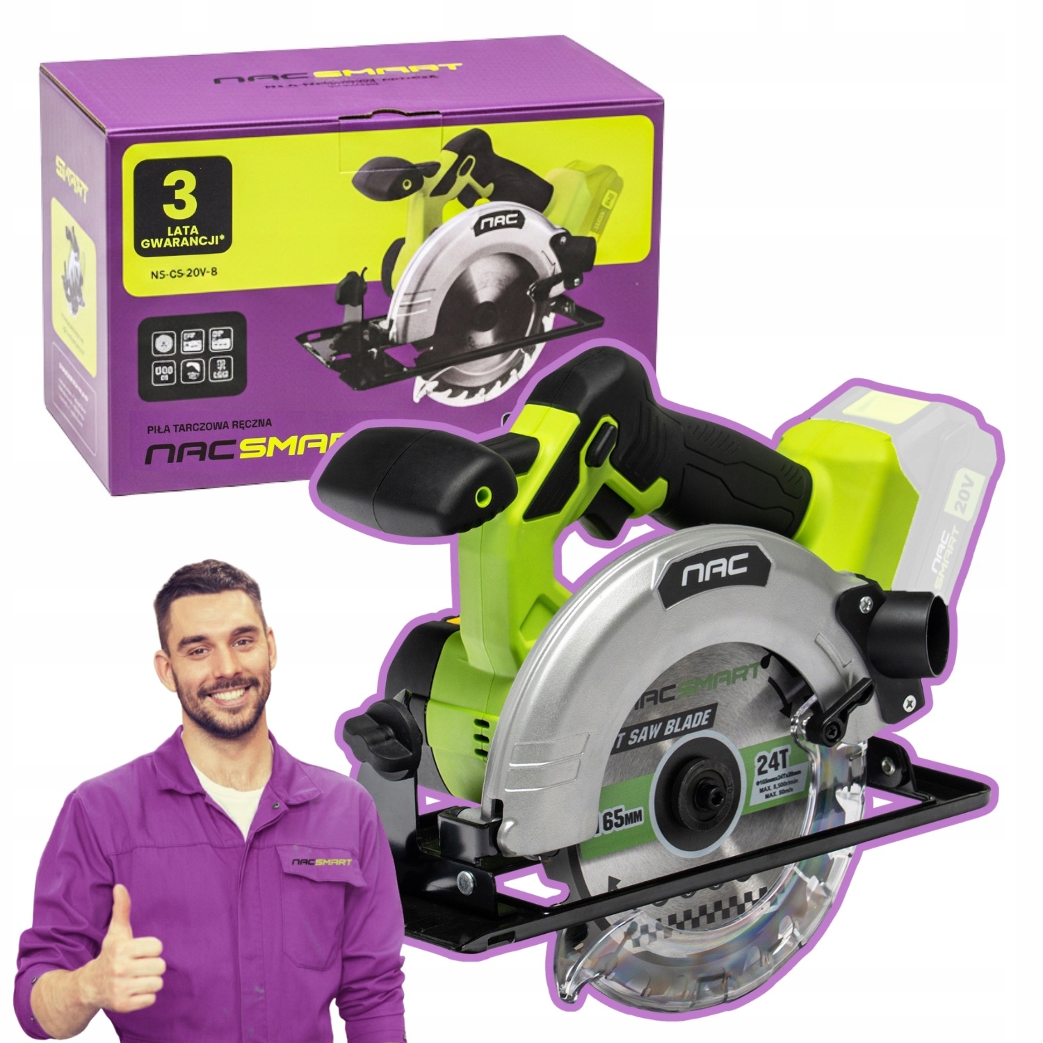Akumulátorová Ruční Kotoučová Pila Na Dřevo Nac Smart 165 MM 20 V, Tělo