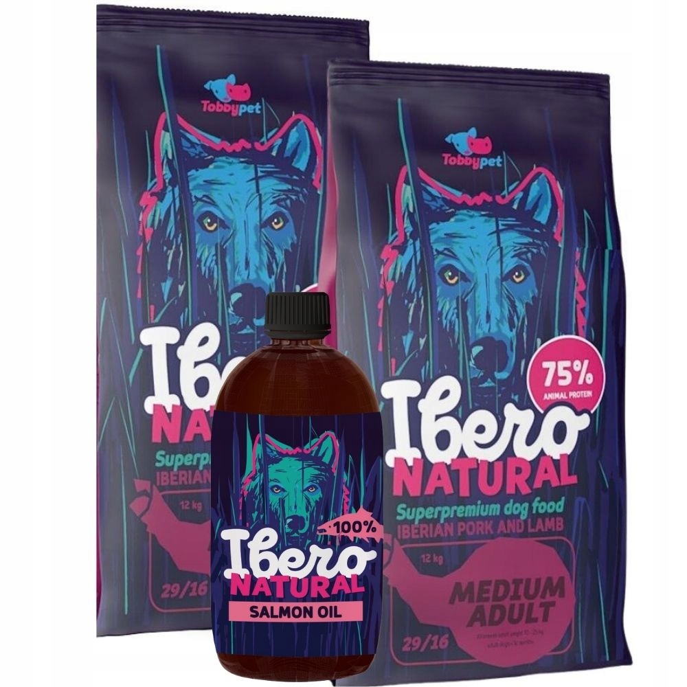 Levně Balíček pro psy středních plemen Ibero Medium Adult 2x3 kg Lososový olej 1L