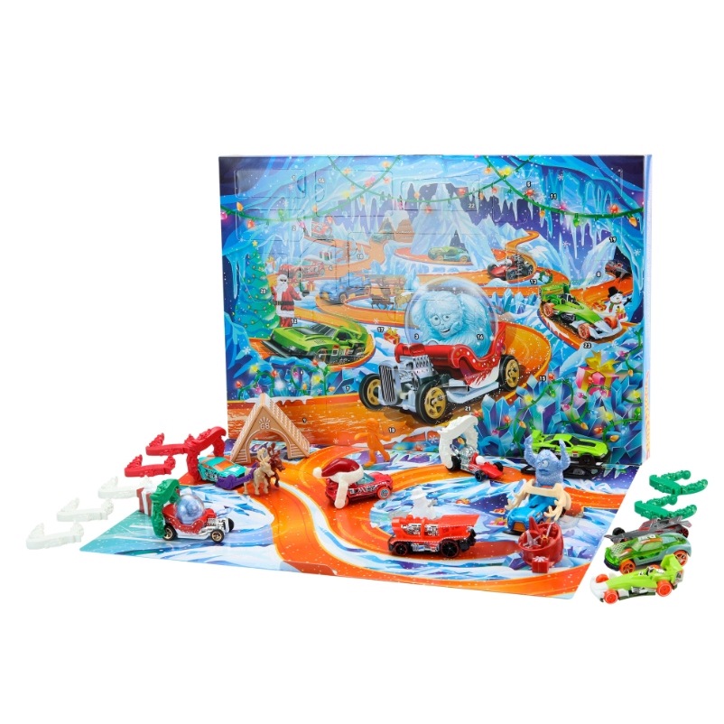 Адвент-календарь Hot Wheels 2026 JLG41, 10 машинок 1:64 и зимние аксессуары, от 3 лет — фото 3