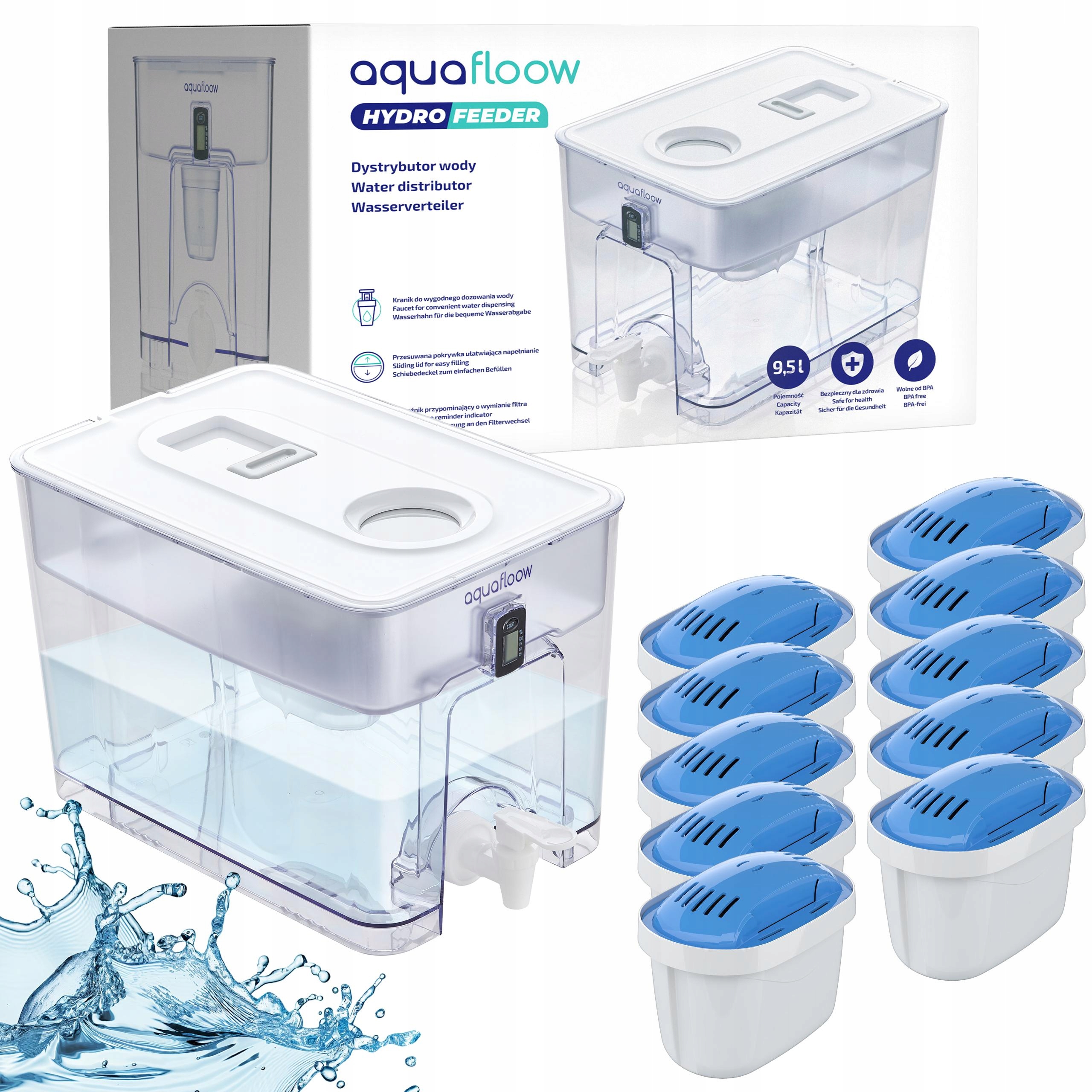 Filtrační Konvice na vodu AquaFloow 9,5 l dávkovač vody 10 x filtr MaxiMag