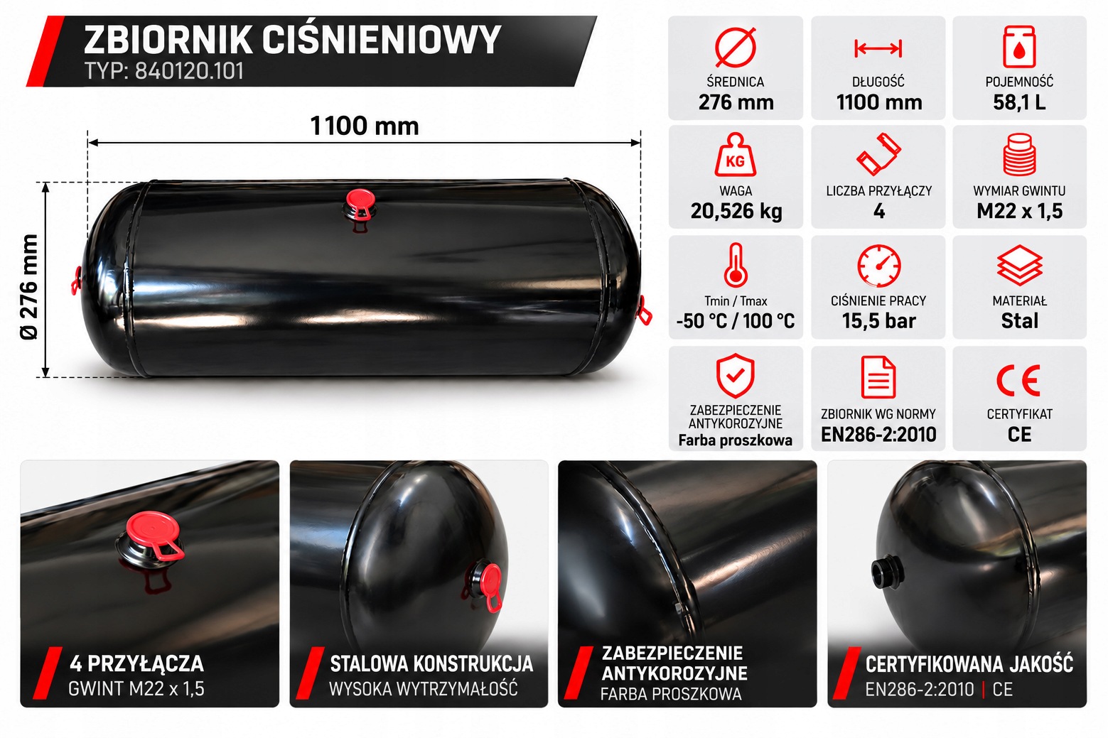 Saf Oe 4105000500 Nádržka Na Vzduch 58,1L 1100x276 mm 15,5 bar