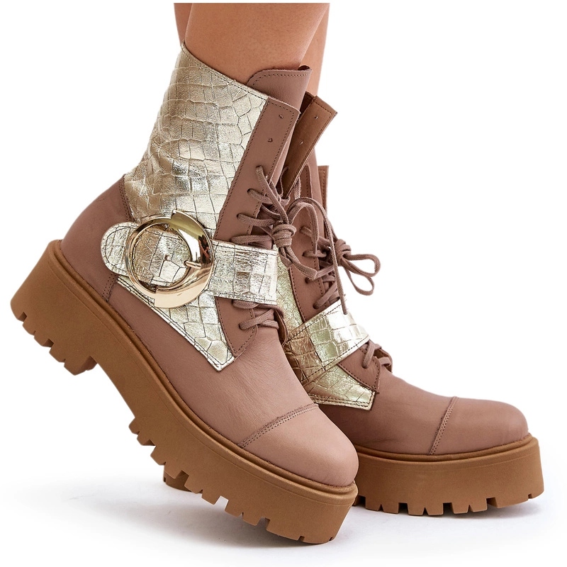 Kotníkové Boty Workery Přírodní Kůže Zlatá Spona Zip Zazoo 2942 Béžová 41