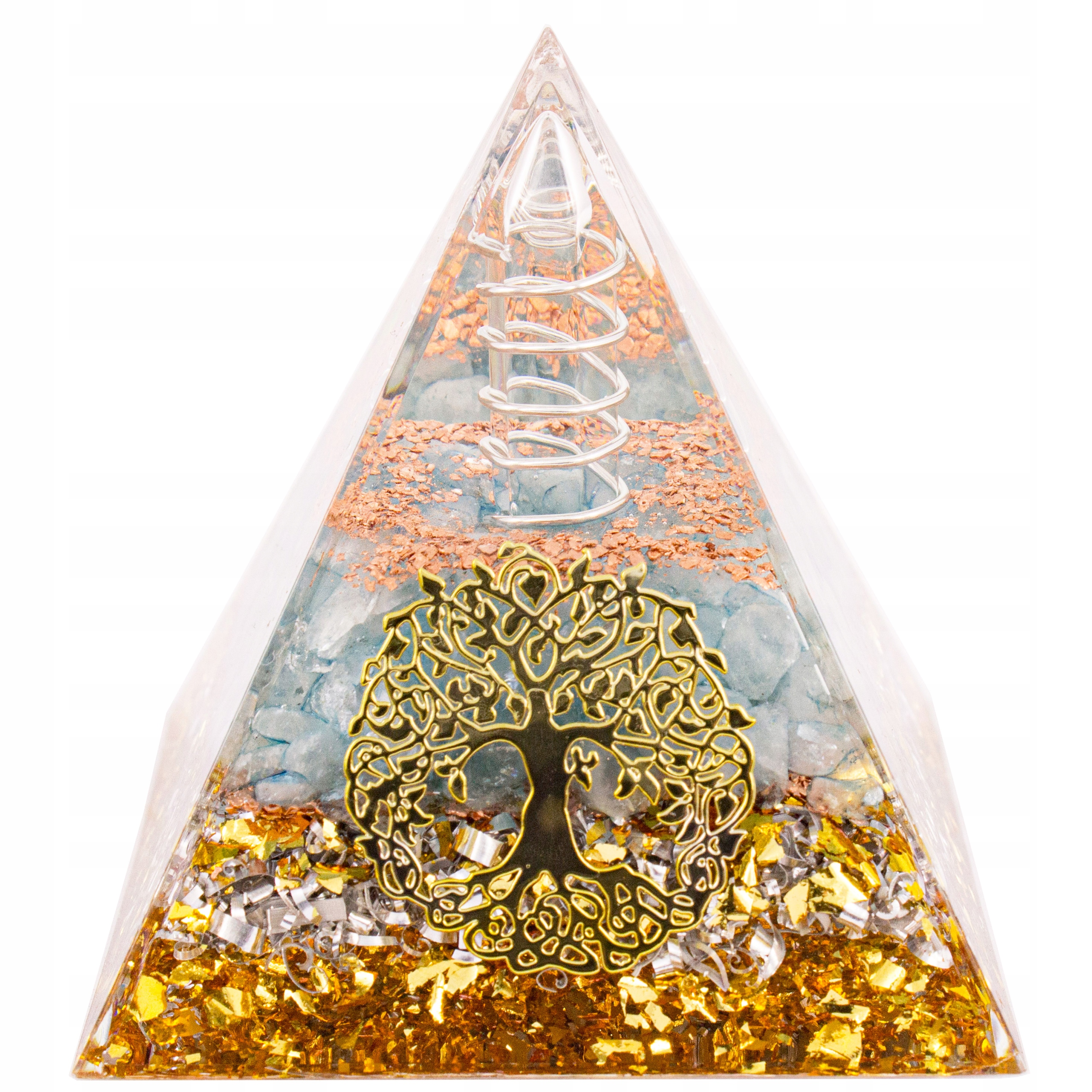 Pyramida Orgonit Akvamarín Topaz Bílá Měď Pohoda Čakry 6cm