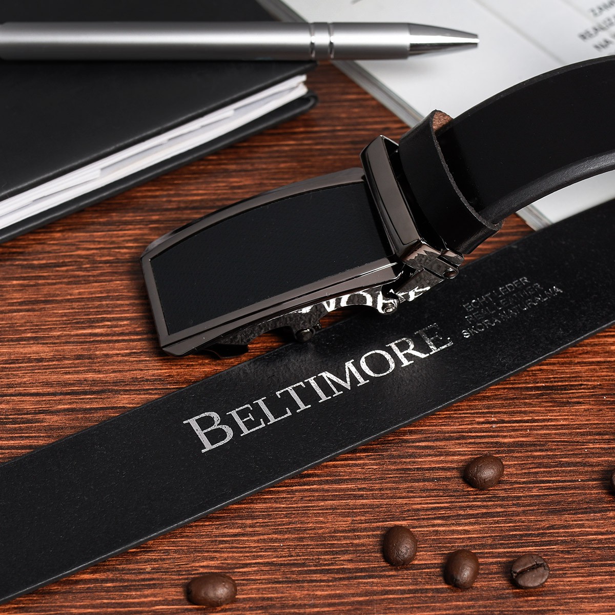 Męski pasek skórzany Klamra Automat Czarny A21 Beltimore Marka Beltimore
