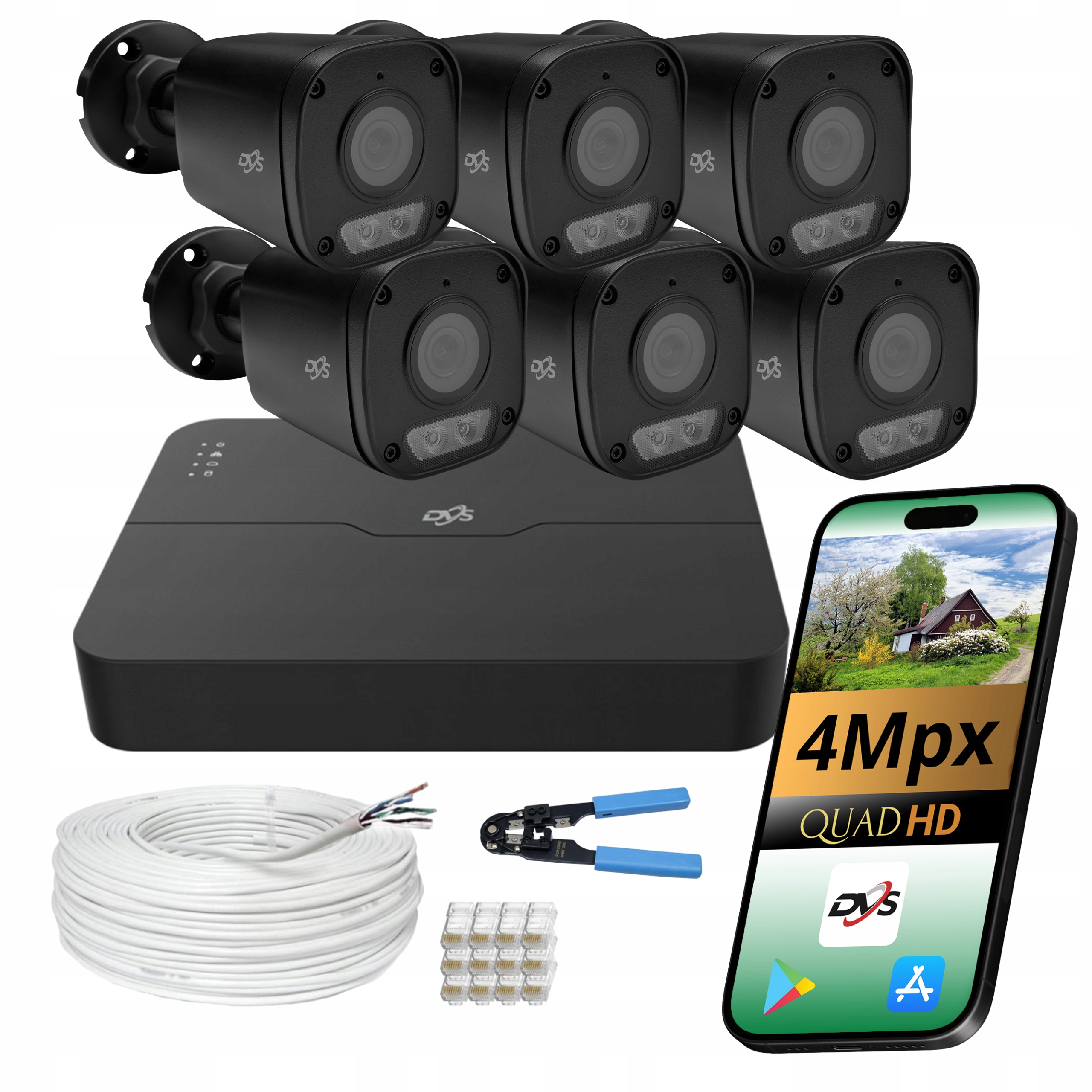 Sada 6 černých tubusových kamer Dvs Ip PoE 4Mpx Dual Light pro monitorování