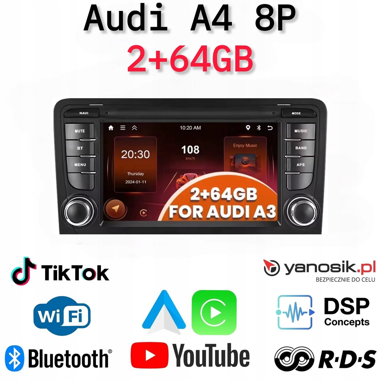 Radio Android Nawigacja Audi A3 8P (2+64 Gb) WiFi CarPlay Gps Bluetooth