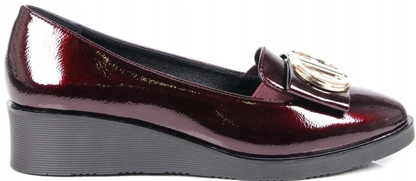 MOKASYNY DAMSKIE PÓŁBUTY NA KOTURNIE ŁADNA ZŁOTA OZDOBA BORDOWE VINCEZA