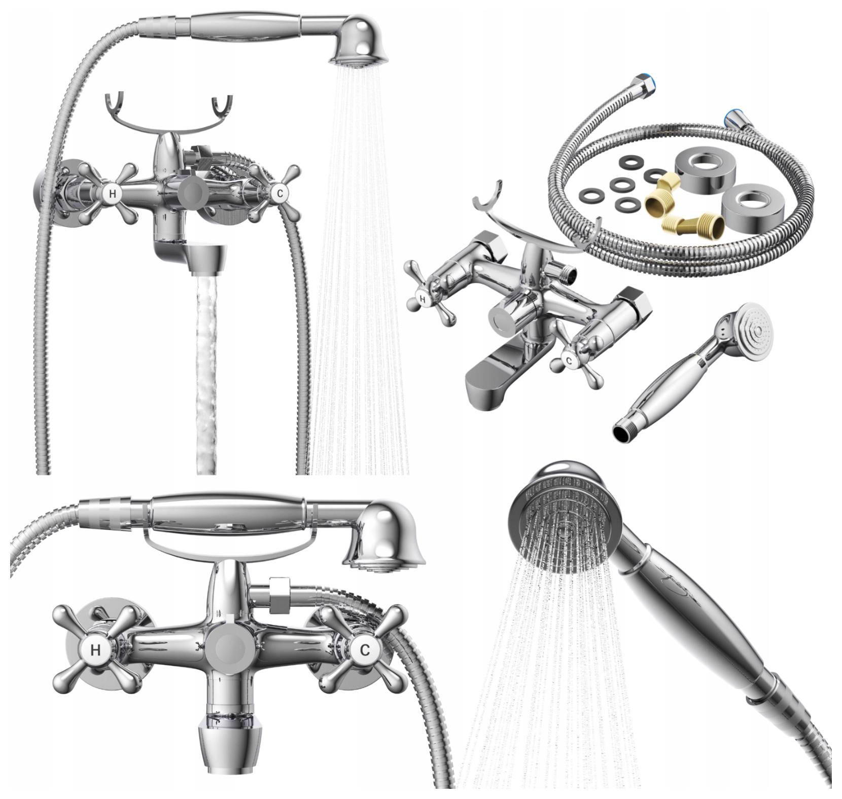 Nástenná vaňová batéria s Retro sprchou, sprchová hlavica s hadicou