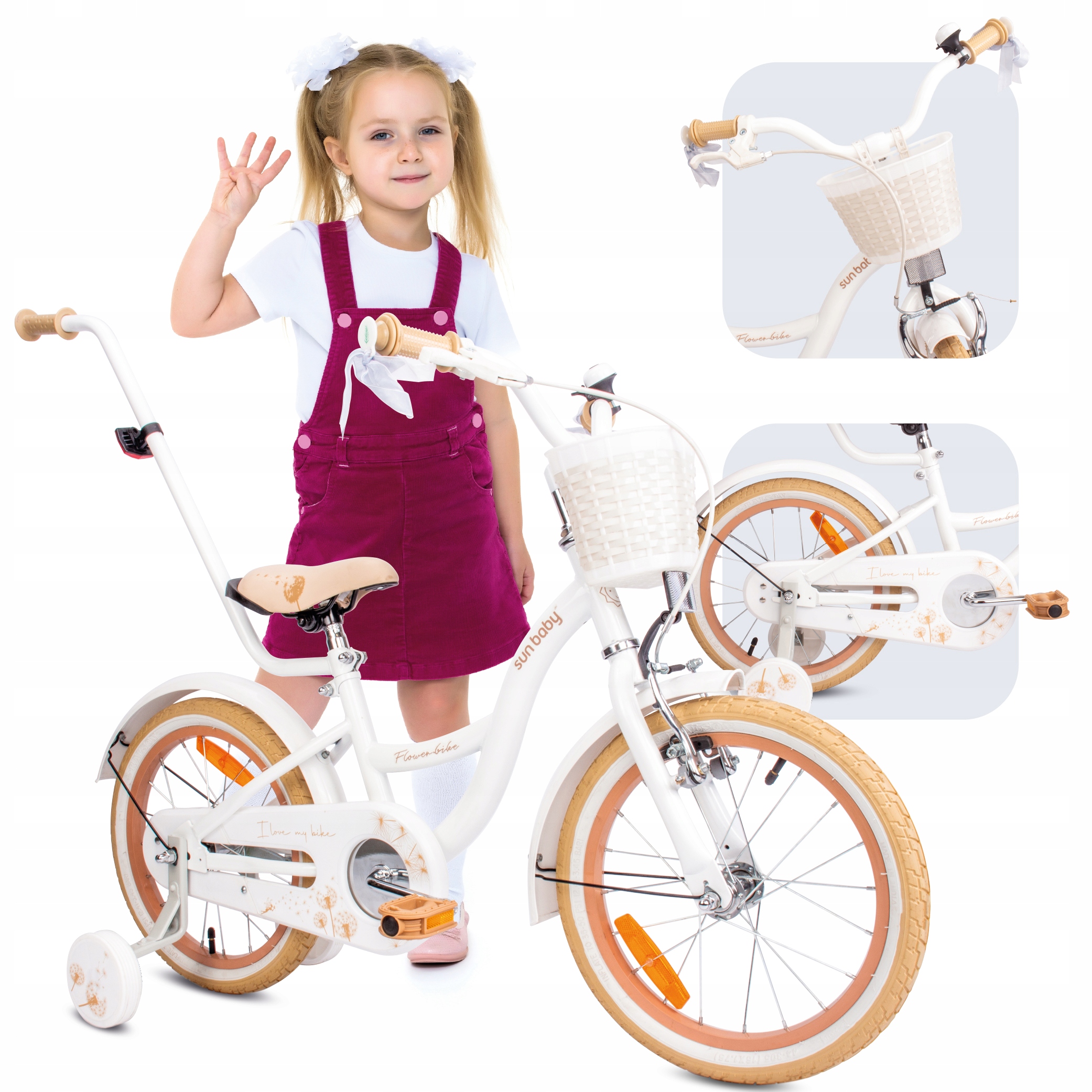 Rowerek 16 cali dla dziewczynki dziecięcy Pchacz kółka boczne Koszyk Flower