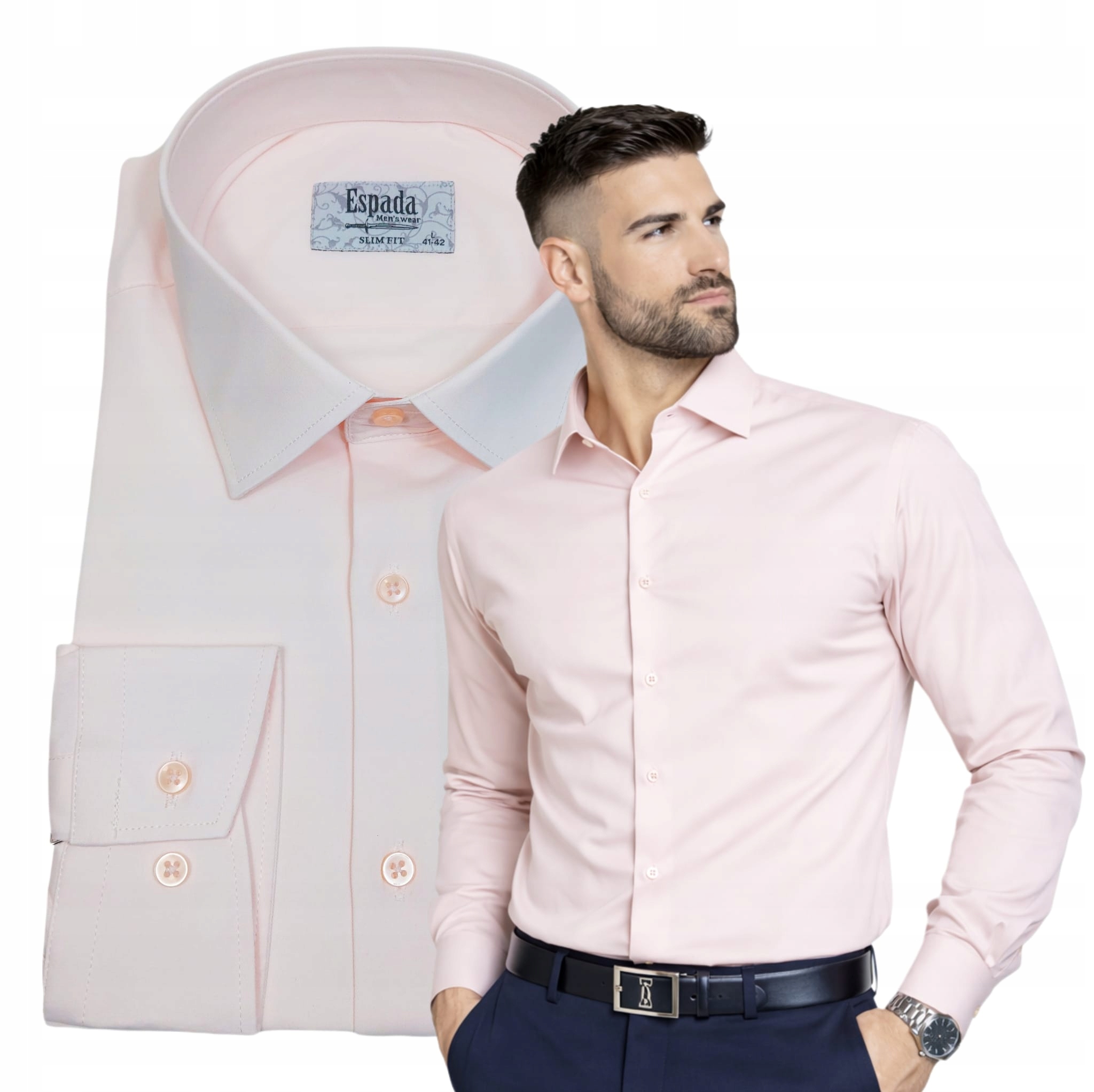 Pánská košile Světle růžová Bavlněná Elegantní Elastická Slim vel.