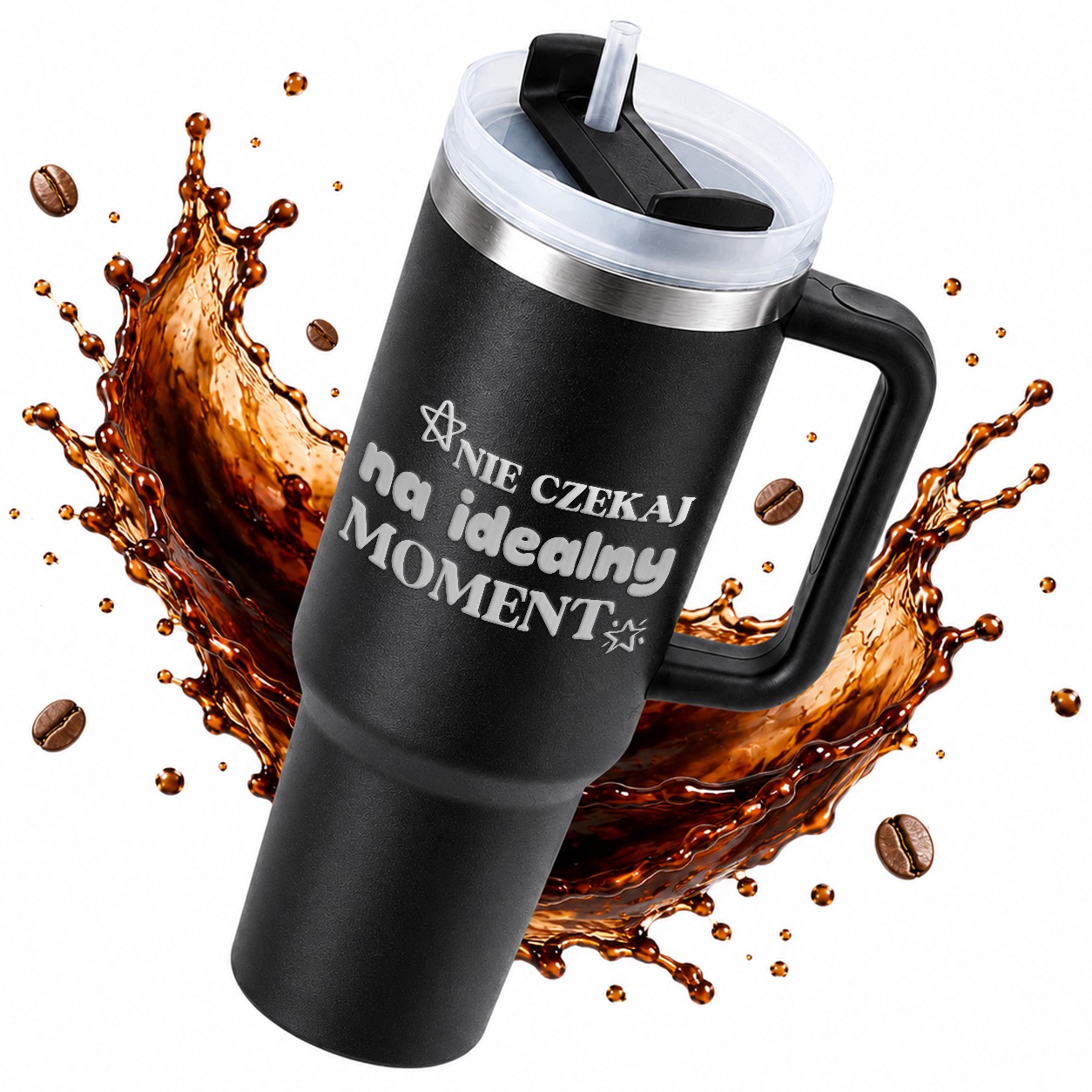 Termohrnek Velký 1,2 L Na Kávu Slámka Gravírování Ideální Moment Černý