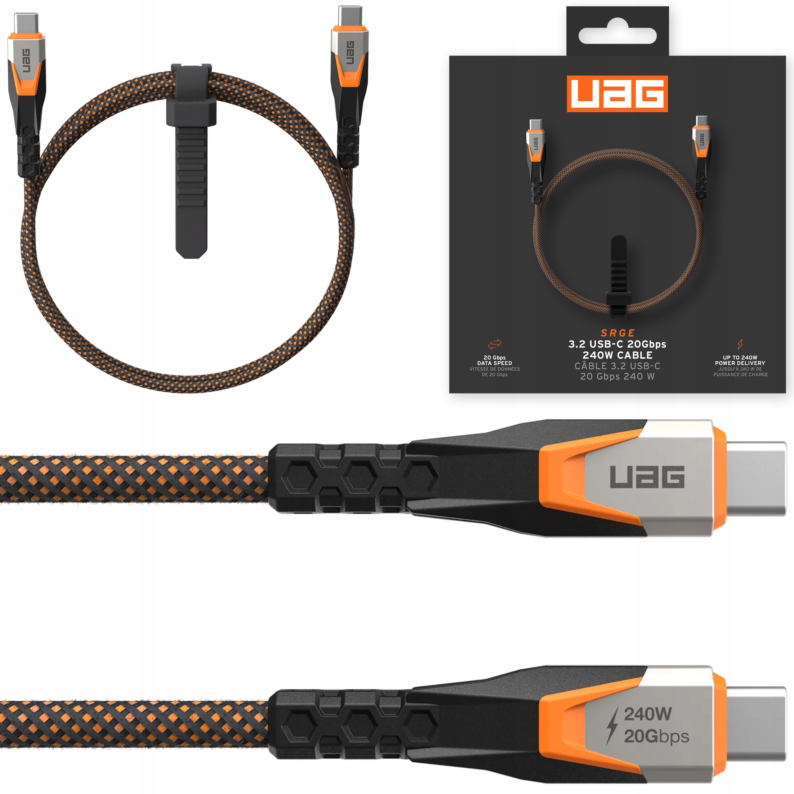 Uag Srge Power Cable Kabel Usb-c na Usb-c 240W 20Gbps 0.75m Mocny Przewód