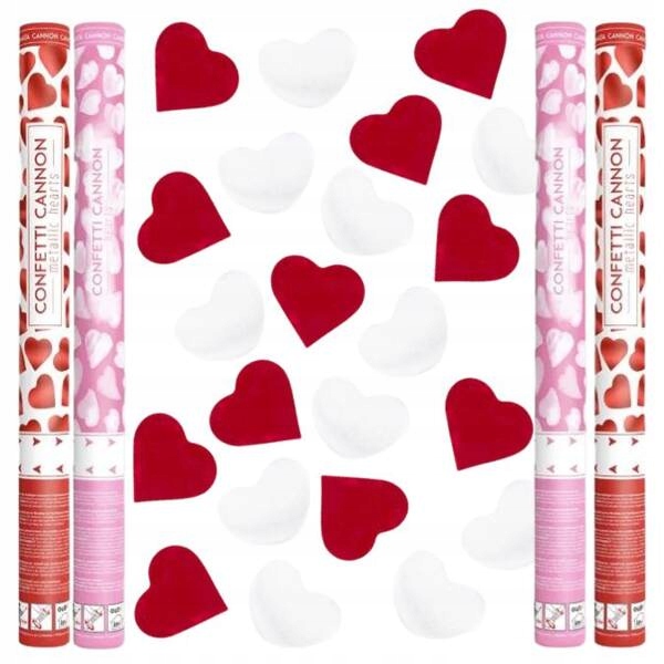 Tuby strzelające konfetti serca serduszka białe czerwone wesele 60cm 4szt