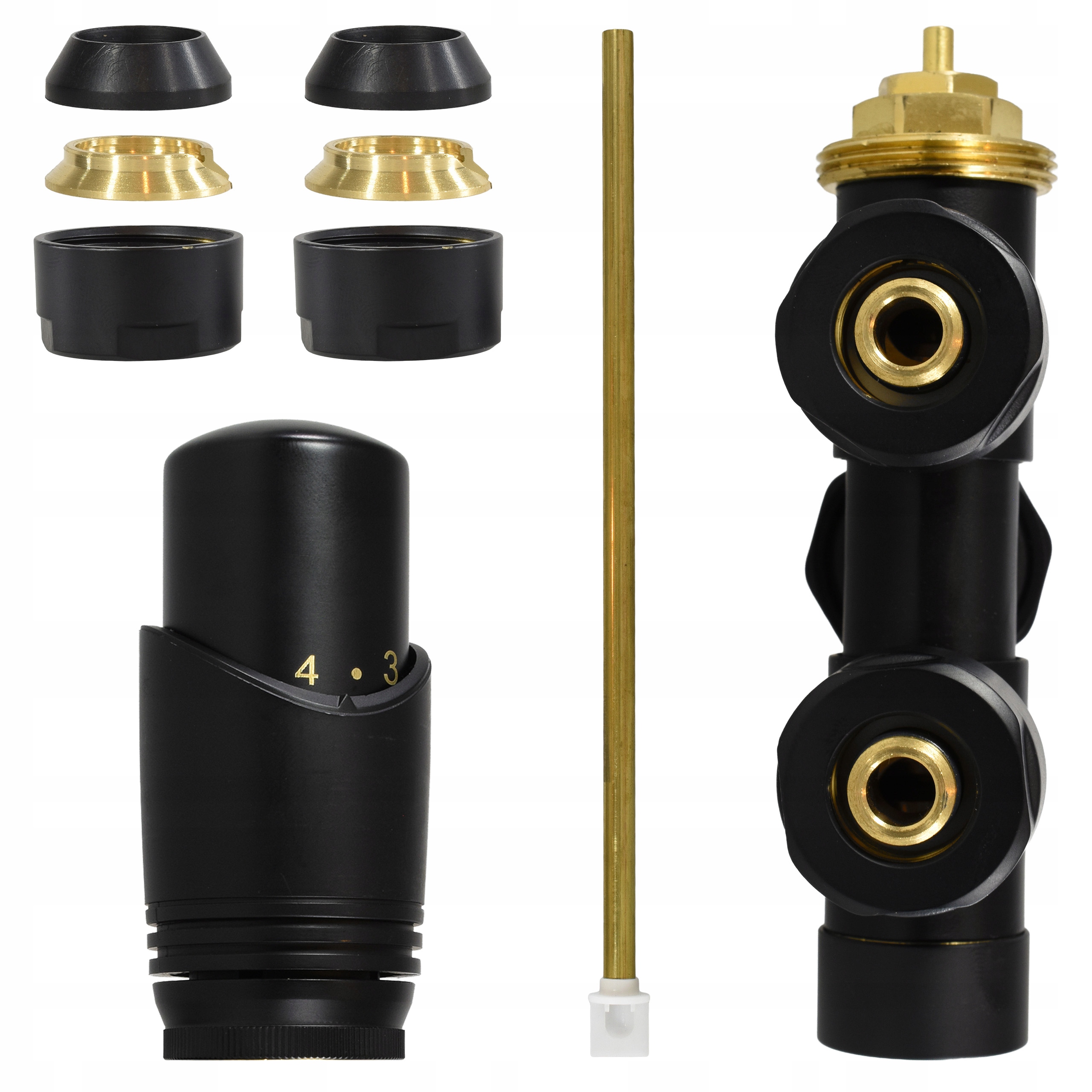 Jednootvorový úhlový termostatický ventil, černá matná trubka, hlavice radiátoru