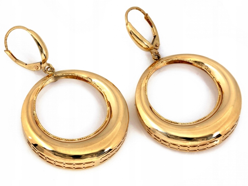 Anglické zlaté náušnice 585 závěsné nafukovací lehké lesklé kruhy 6.64 g