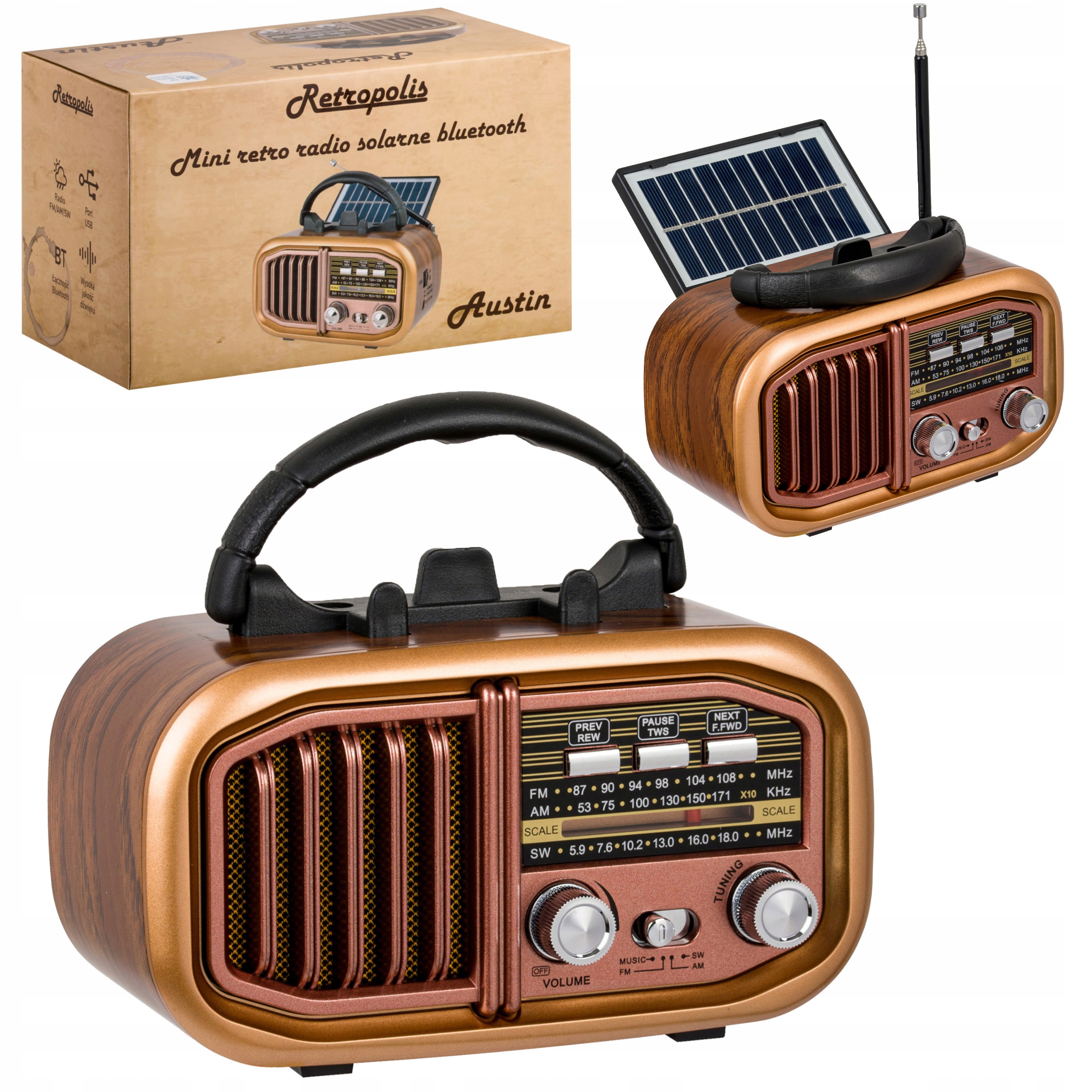 Radio retro Austin Retropolis Solar Bluetooth USB microSD 1200mAh Bluetooth