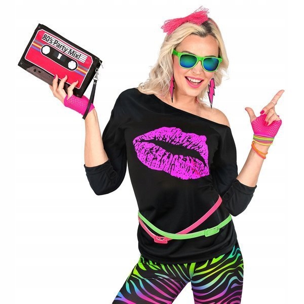 KOSZULKA CZARNA USTA NADRUK RÓŻ LATA 80 DISCO xxl