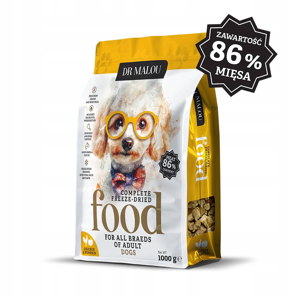Liofilizowana karma premium dla psa Dr Malou kurczak z dynią 1 kg adult dog
