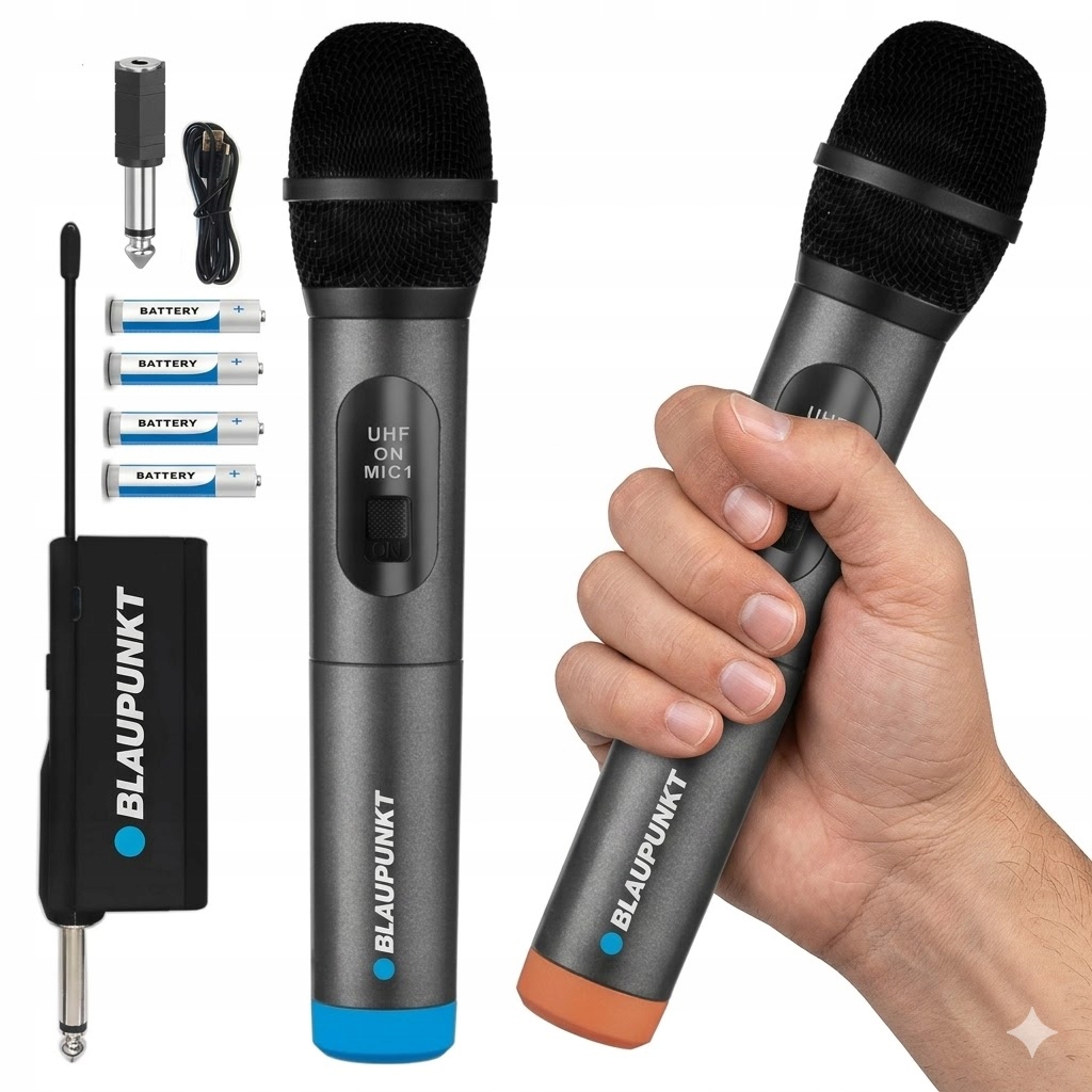 2 x Mikrofon bezprzewodowy z nadajnikiem Blaupunkt 4x Baterie Akcesoria