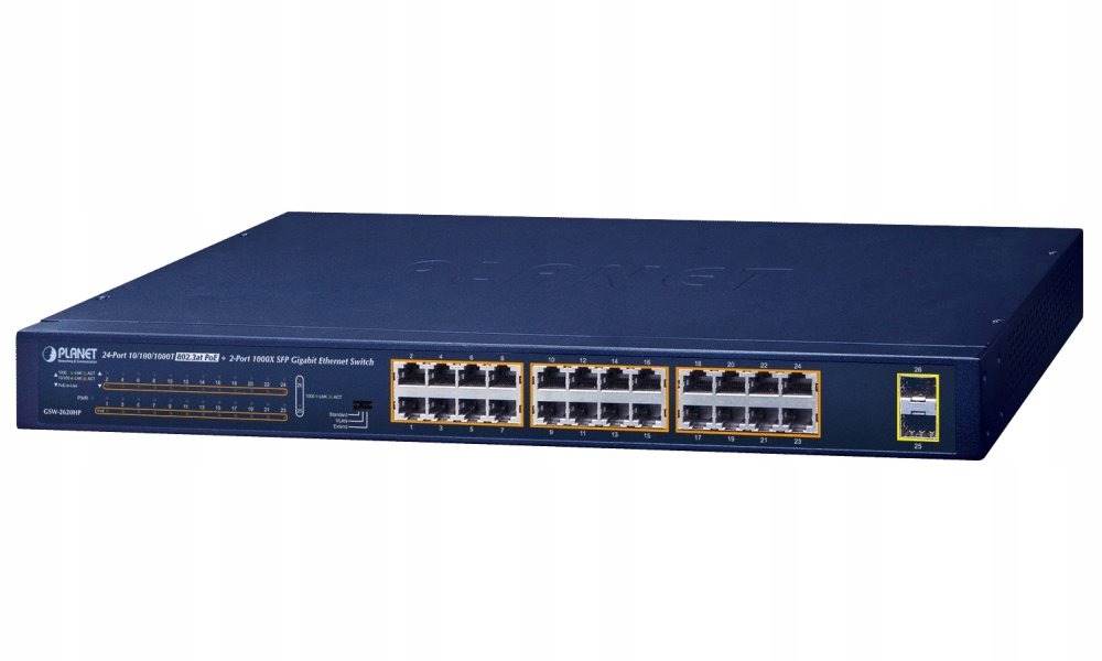 Planet GSW-2620HP PoE switch, 24x1Gb 2x Sfp 1Gb, Vlan, extend mód 10Mb-25