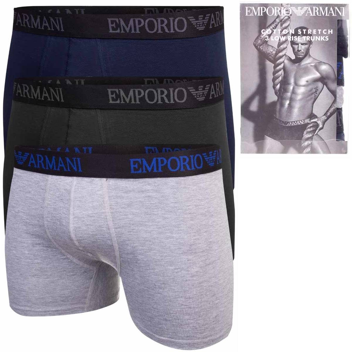 Męskie bokserki bawełniane EMPORIO ARMANI 3P granatowe, szare, czarne L