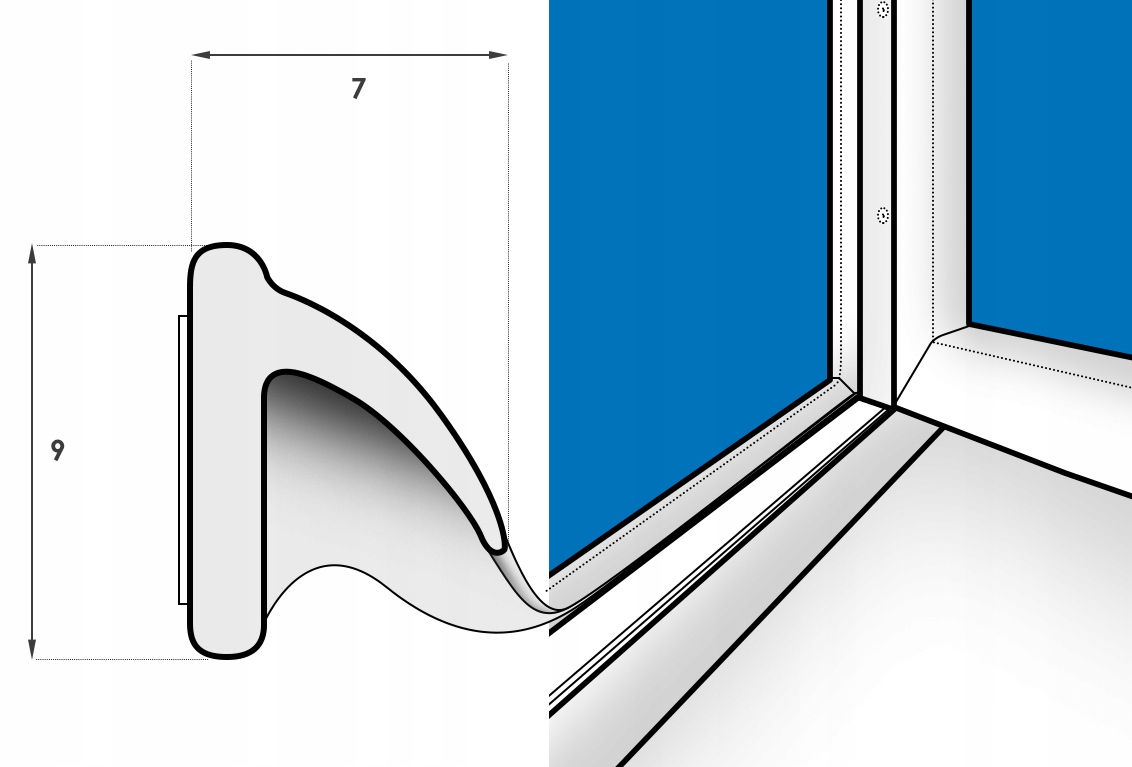 Uszczelka Samoprzylepna do Okien Drzwi 9x7mm V 50m Szerokość produktu 0.9 cm