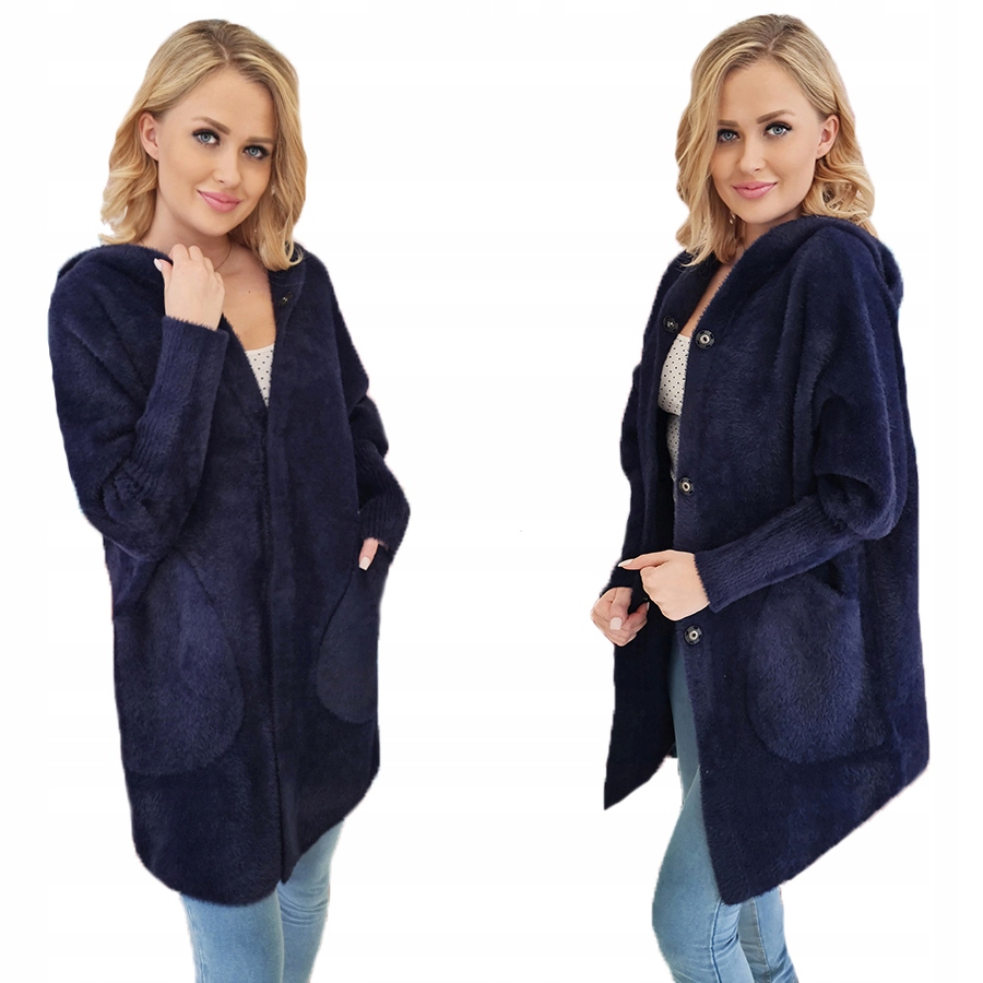 Kabát Alpaka Kapuce Vlna Barvy Oversize Tmavě Modrá