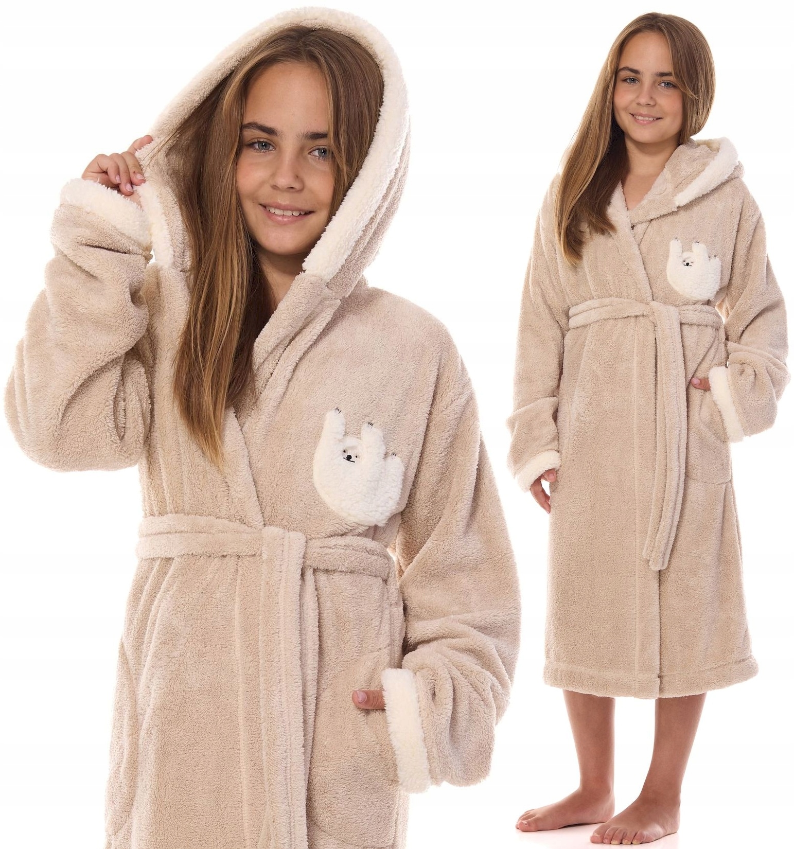 PUCHOWY CIEPŁY MIŁY SZLAFROK DZIEWCZĘCY KAPTUR 134/140