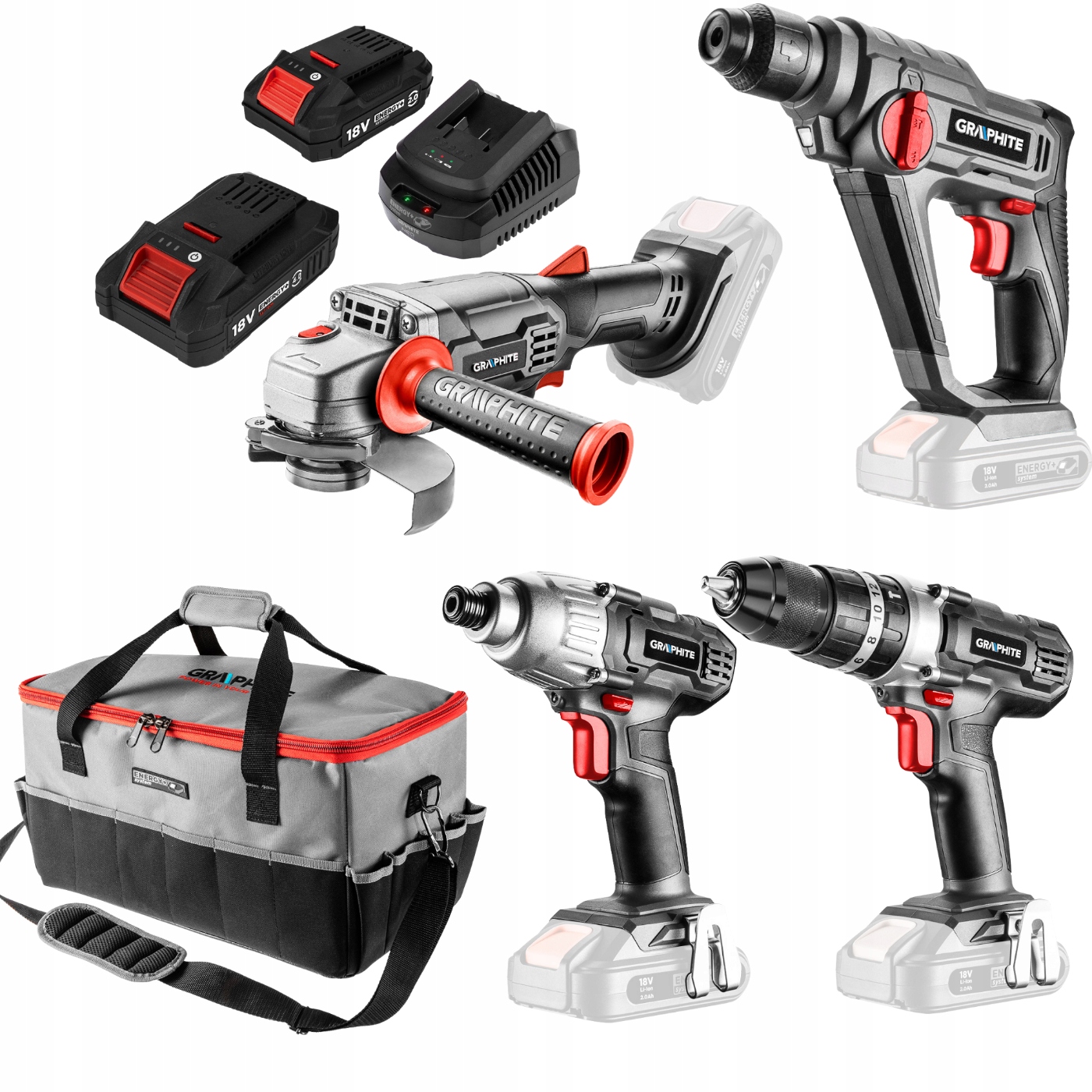 Komplet Zestaw Elektronarzędzi 18V 8 Elementów Graphite Energy+