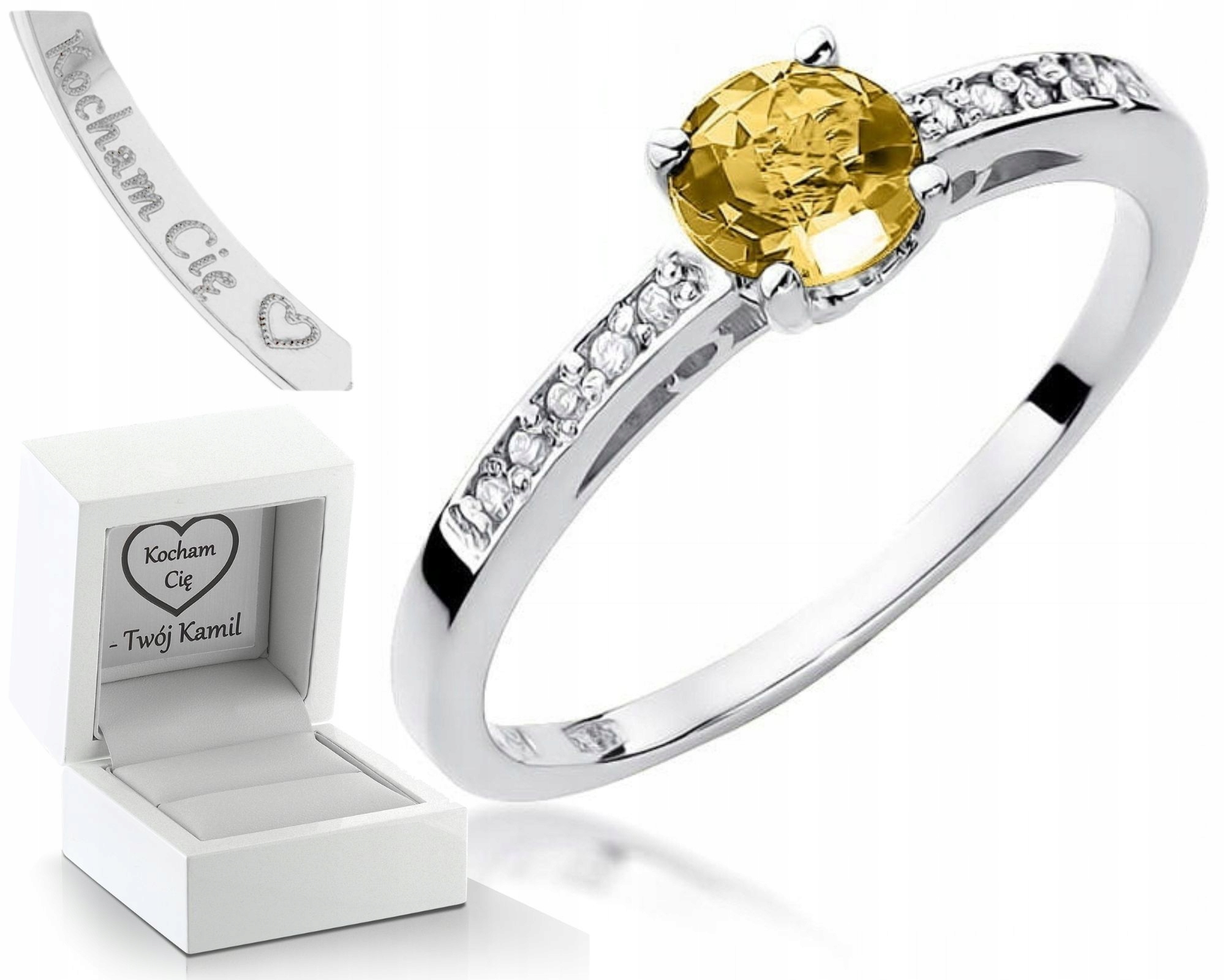 Bílý Zlatý Prstýnek S Citronem A Brilianty Gravírování