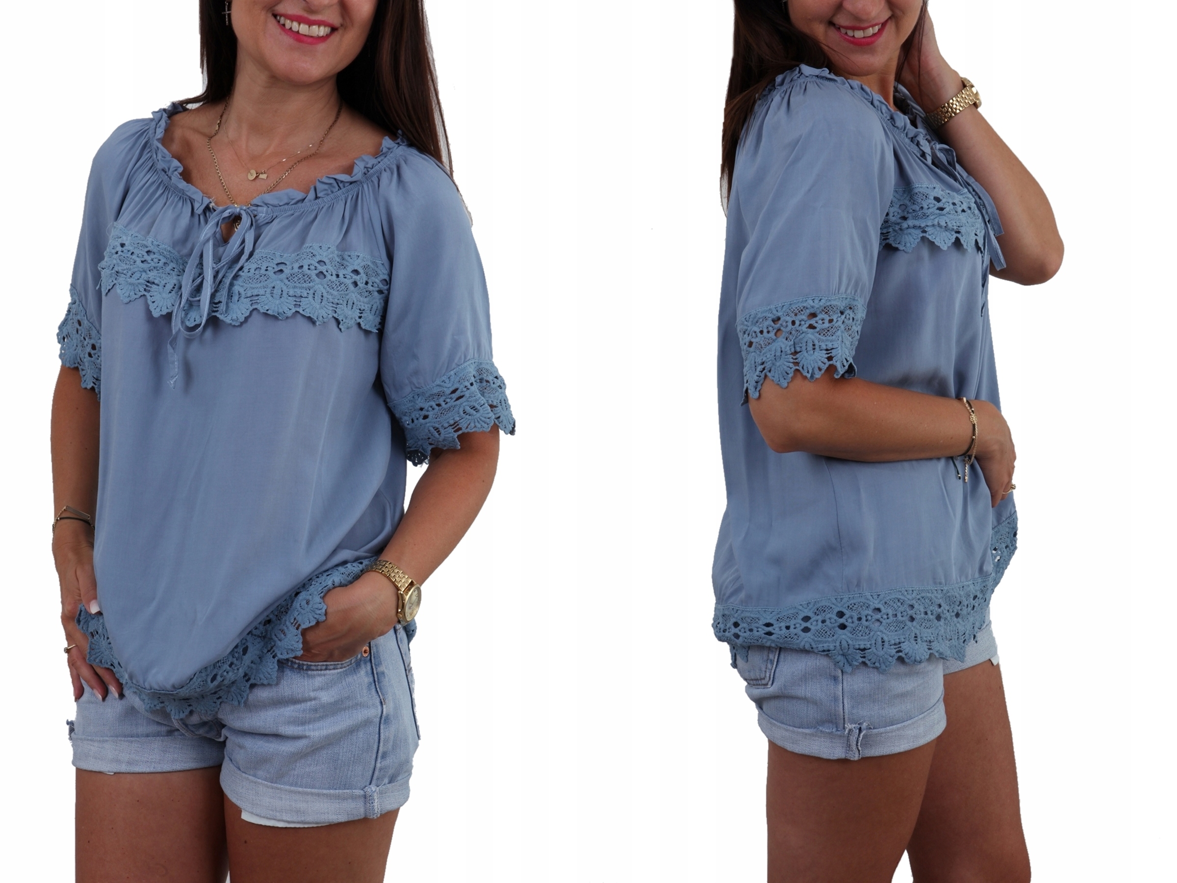 MODNA BLUZKA BOHO WSTAWKI KORONKA GIPIURA MIX L/XL