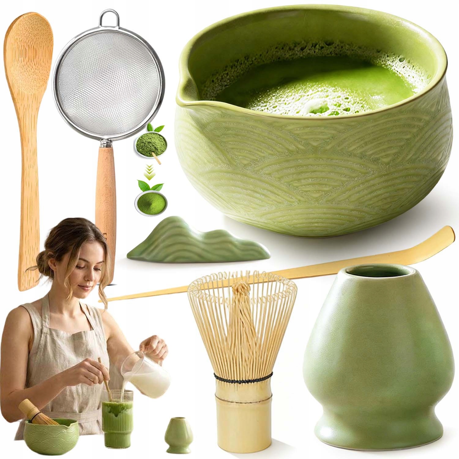 Levně Dárková Sada Na Čaj Matcha Sada Metliček Matcha Se Šlehací Metlou 7 Ks