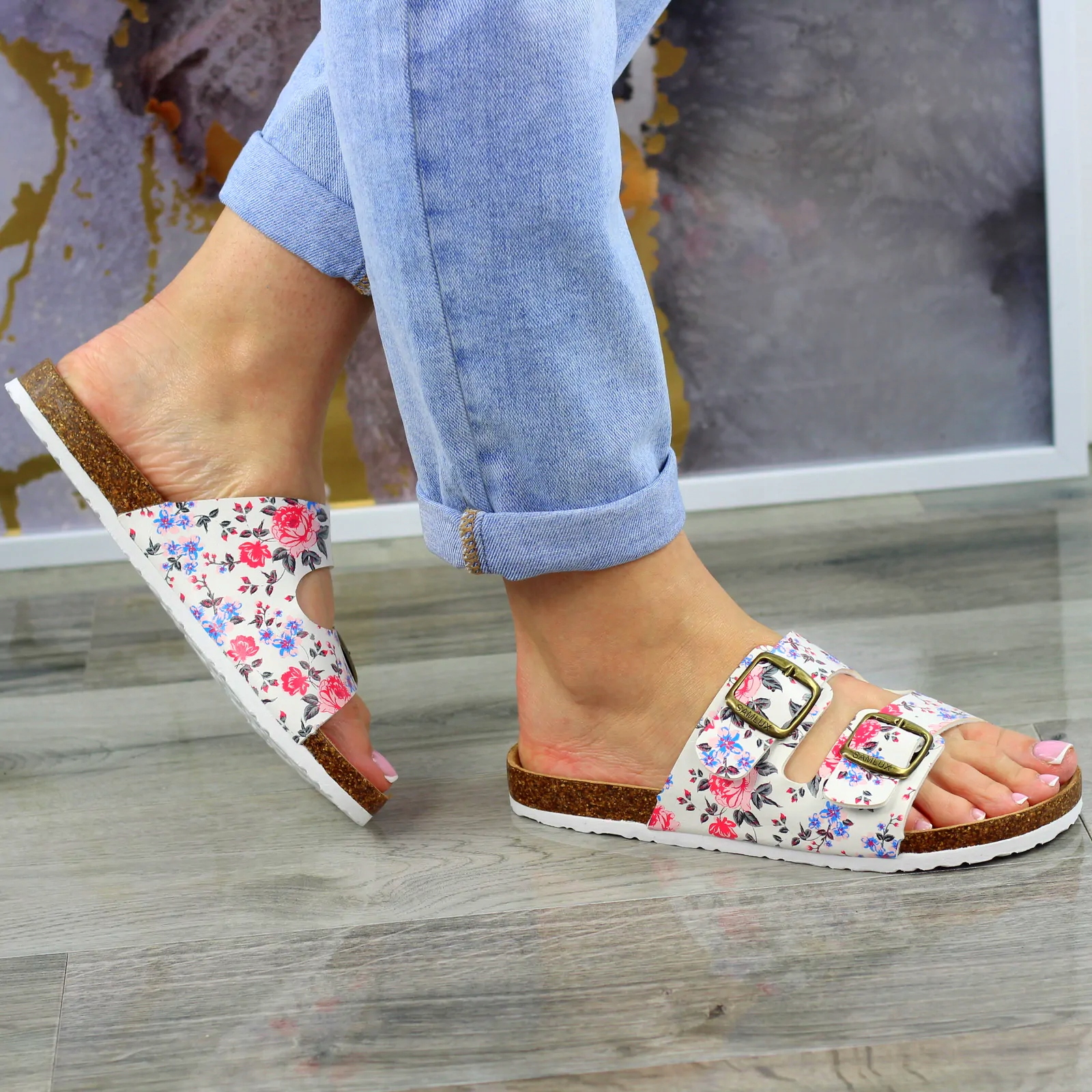 BIAŁE SKÓRZANE PROFILOWANE MEDYCZNE KLAPKI KWIATY6 Rozmiar 36