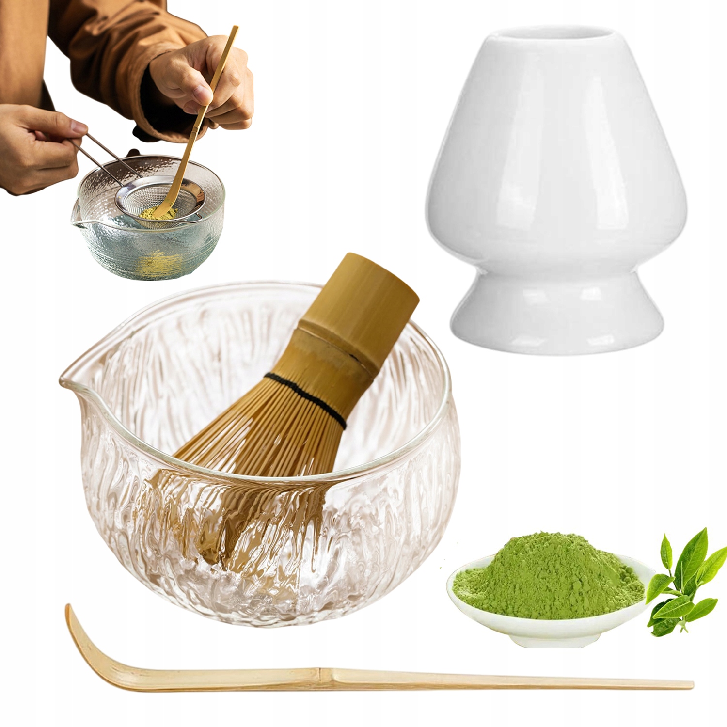 Levně Sada Matcha 4DÍLNÁ Skleněná Miska 500 ML Bambusová Šlehací Metla, Odolná